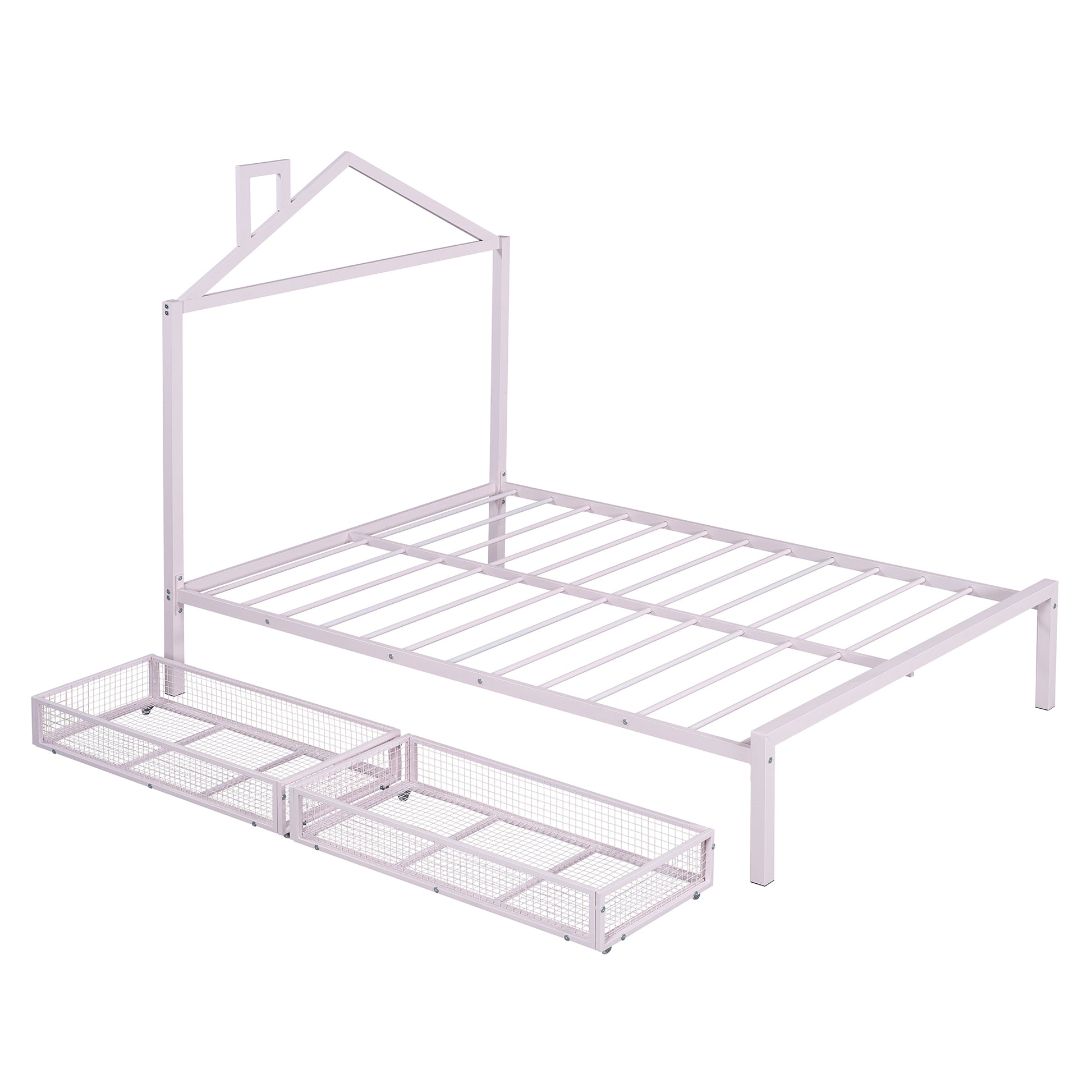 Full Size Metal Platform Bed With Two Drawers,House Shaped Headboard Design, Pink Full Pink Metal