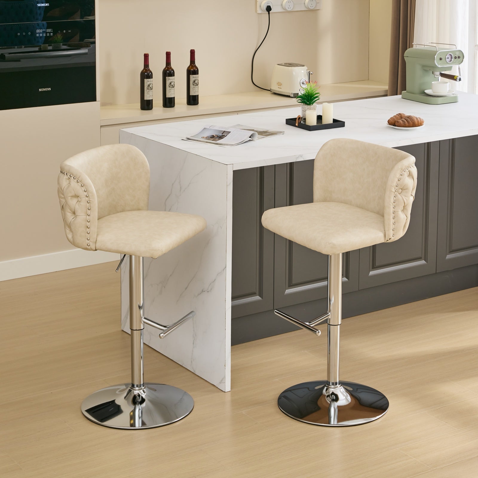 Swivel Barstools Adjusatble Seat Height With Chrome Base, Modern Pu Upholstered Bar Stools With The Whole Back Tufted, For Home Pub And Kitchen Island,Beige, Set Of 2 Beige American Design Bar Stools Set Of 2 Foam Pu Leather