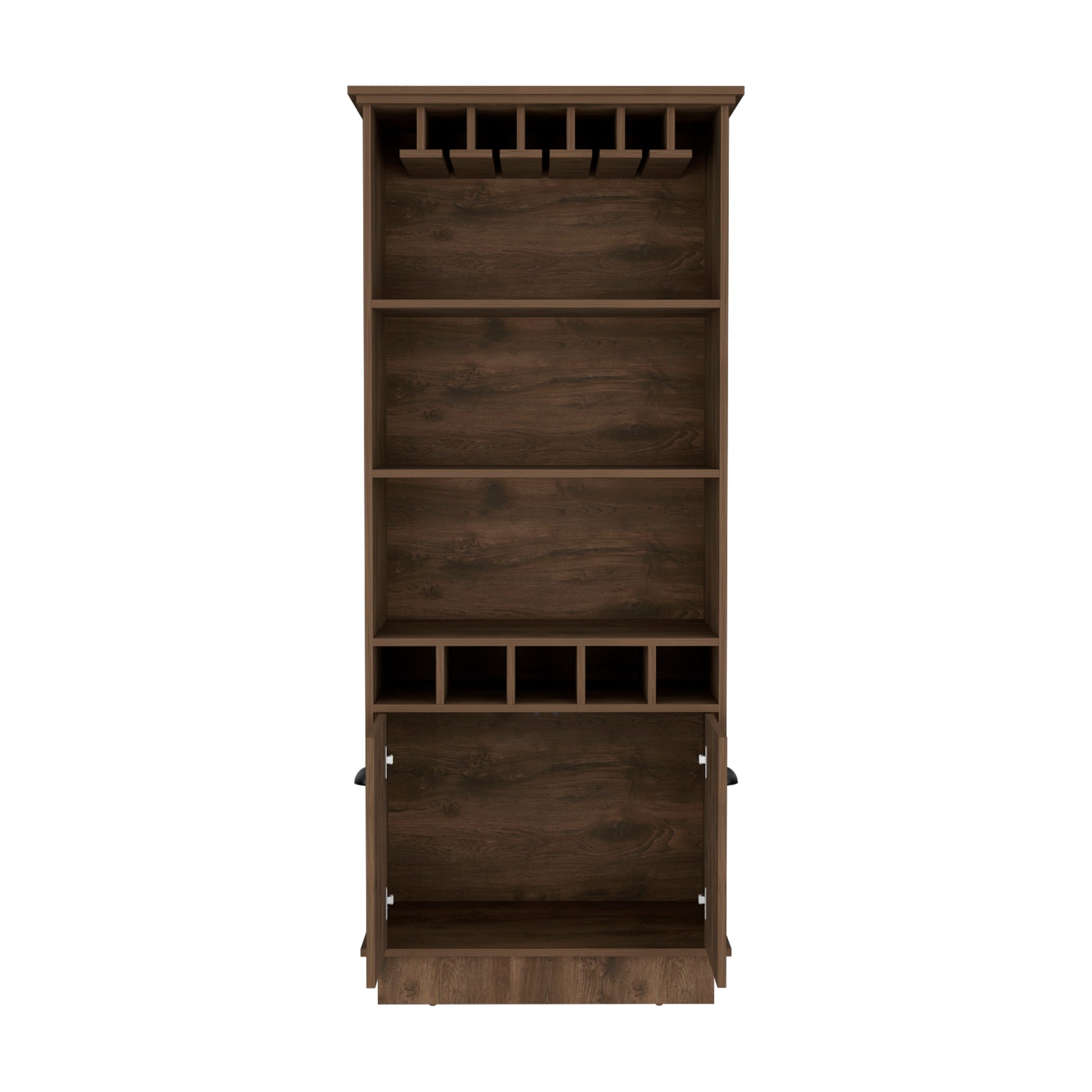 Bar Cabinet With Wine Rack 70"H, Upper Glass Cabinet, Three Open Storage Shelves And One Cabinet,Dark Brown Dark Brown Solid Wood Mdf Engineered Wood