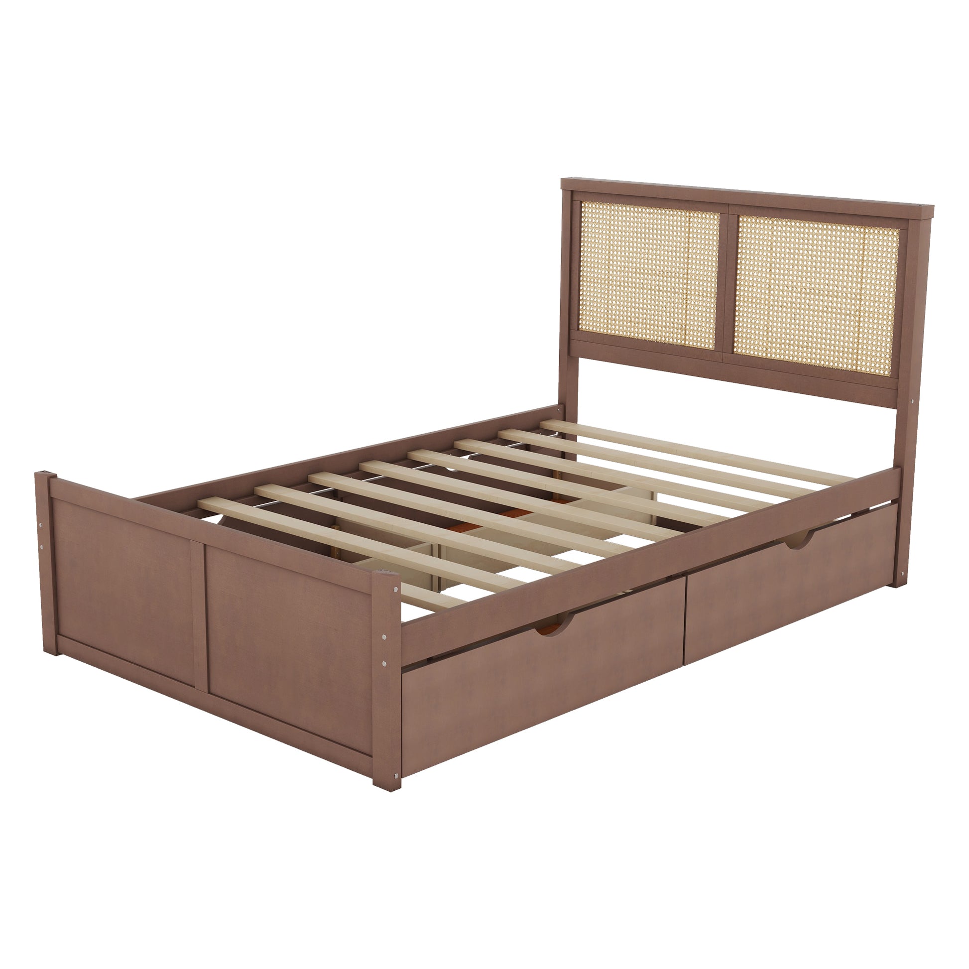 Full Size Wood Storage Platform Bed With 4 Drawers, Rattan Headboard, Espresso Box Spring Not Required Full Antique Espresso Wood Bedroom Bed Frame Wood Rattan