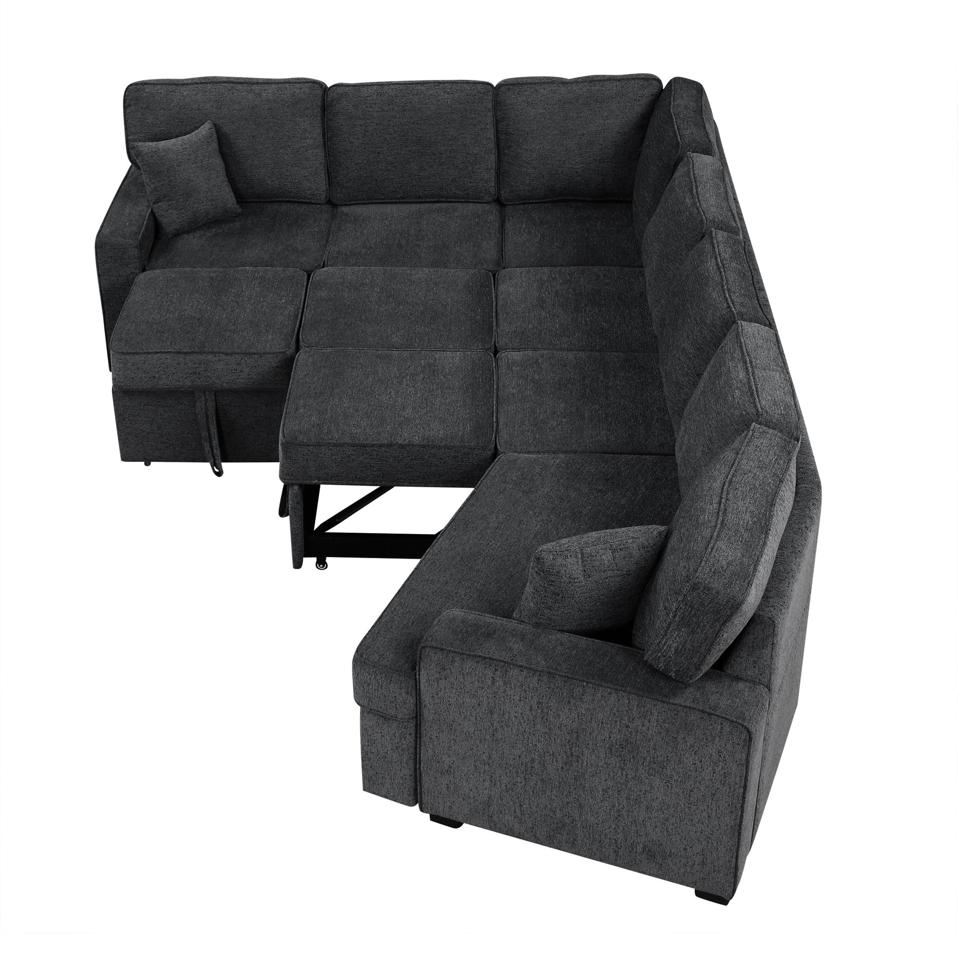 126" L Shaped Sofa Sectional Sofa Couch Pull Out Sofa Bed With Charging Devices And Cup Holders For Living Room, Blue Black Black Blue Foam Chenille 6 Seat