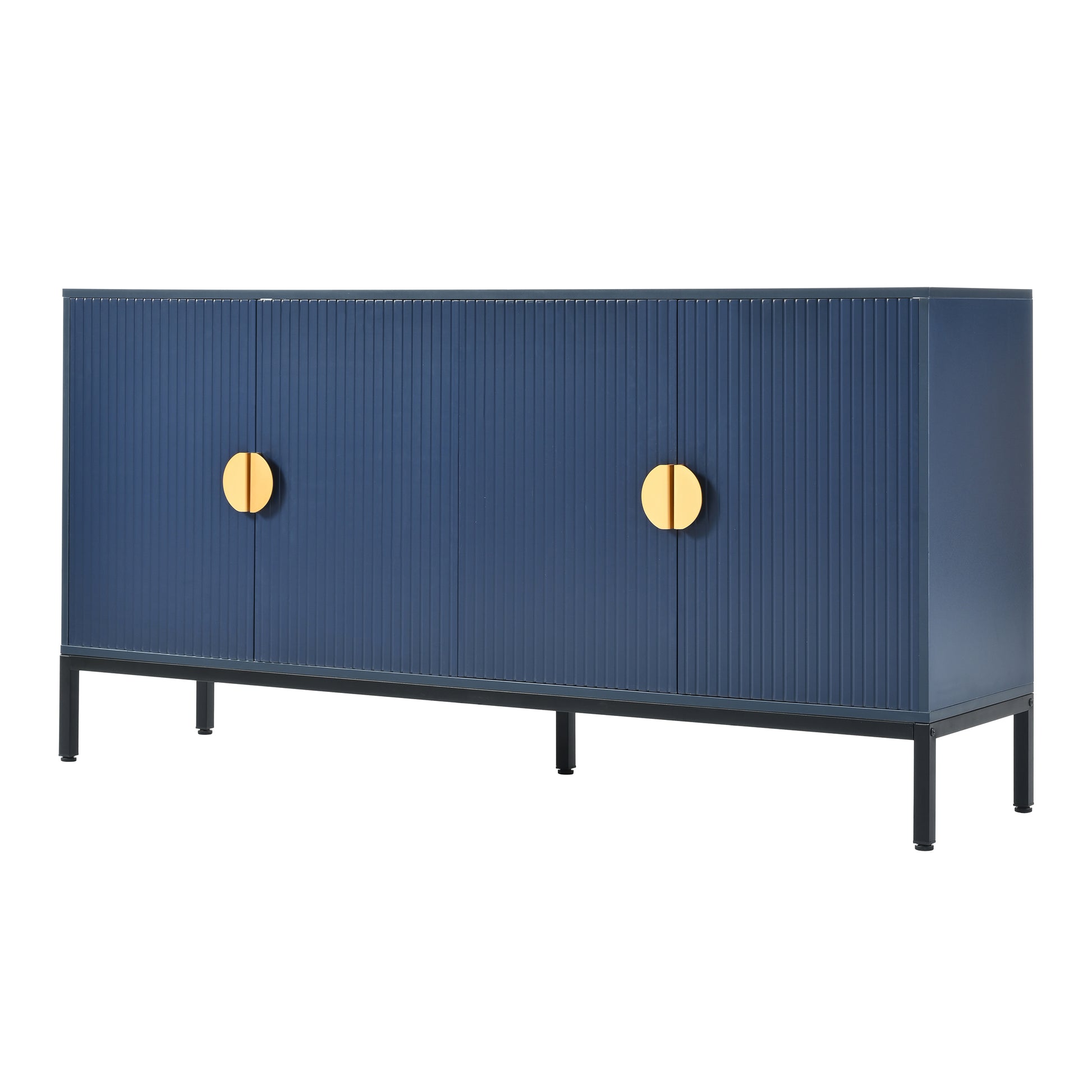 Exquisite Vertical Striped Four Door Sideboard With Sturdy Metal Legs And Semi Circular Handles, Suitable For Study, Entryway And Living Room Navy Blue Primary Living Space American Design Mdf