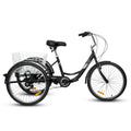 Adult Tricycles 7 Speed, Adult Trikes 24 Inch 3 Wheel Bikes, Three Wheeled Bicycles Cruise Trike With Shopping Basket For Seniors, Women, Men Black Carbon Steel