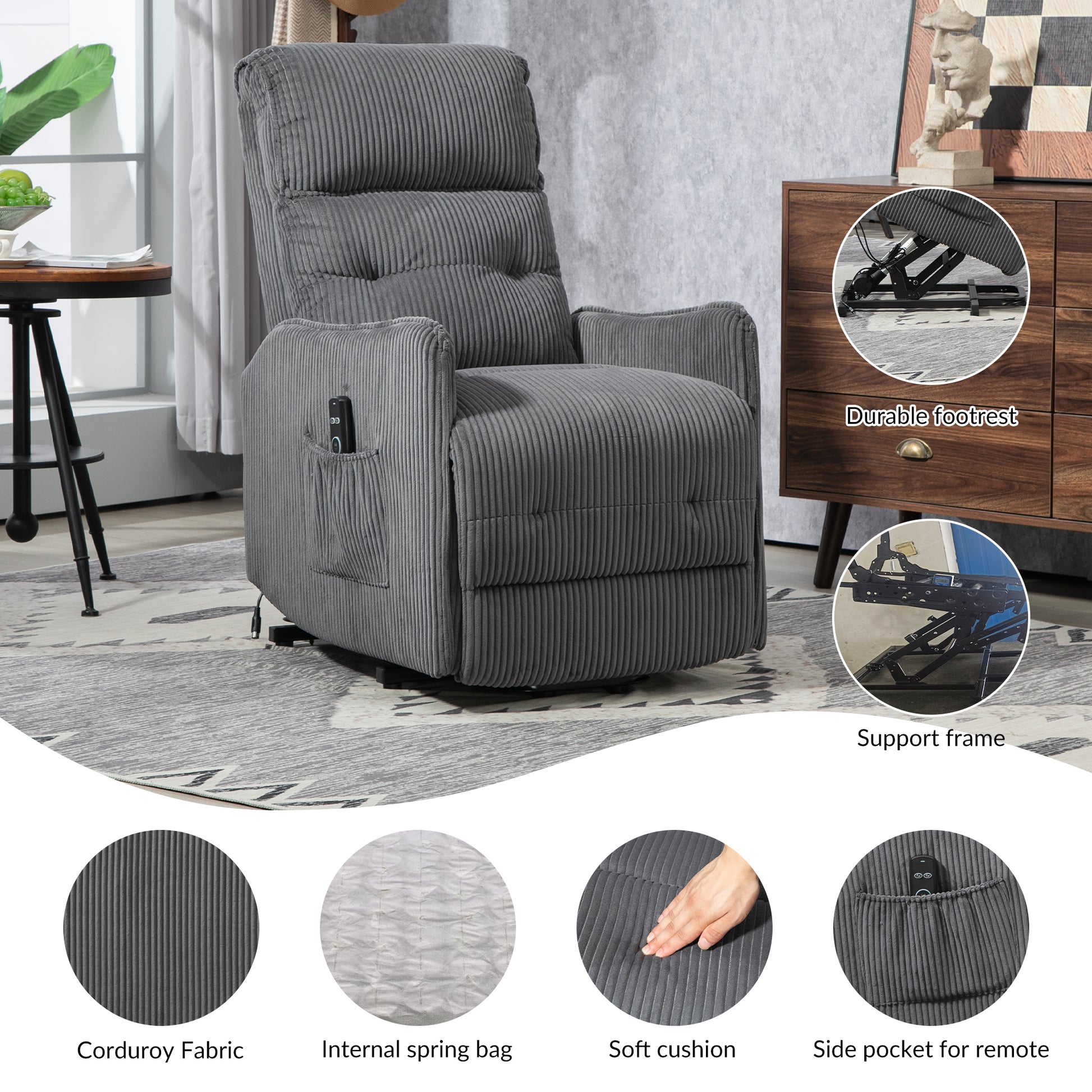 Coolmore Recliner Chair, Electric Recliner Chairs For Adults, Side Pocket Power Reclining Chair Pocket Springs Seat Cushion, Corduroy Fabric Recliner Sofa For Living Room, Bedroom, Home Theater Dg Dark Gray Foam Corduroy
