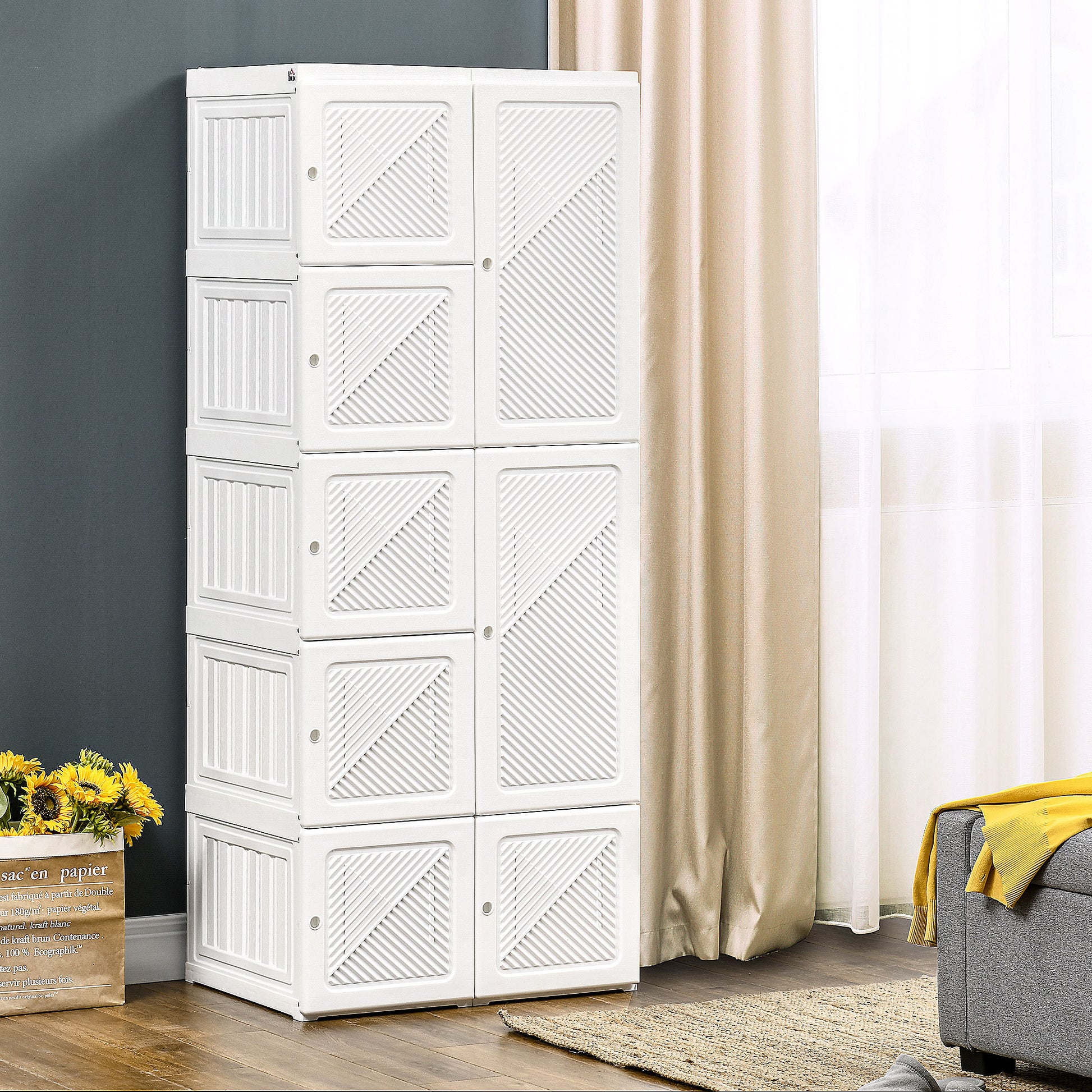 Homcom Portable Wardrobe Closet, Folding Bedroom Armoire, Clothes Storage Organizer With 8 Cube Compartments, Hanging Rod, Magnet Doors, White White Abs