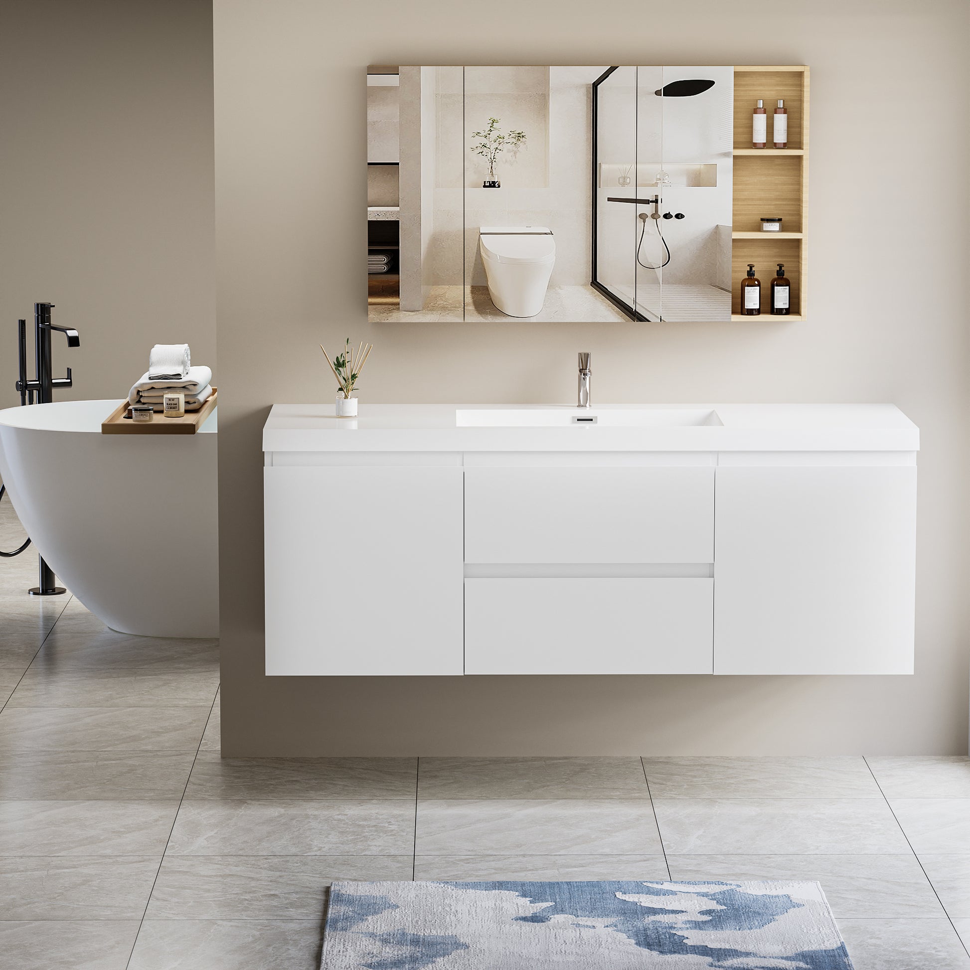60" Floating Bathroom Vanity with Sink, Modern Wall 2-white-2-bathroom-wall mounted-mdf