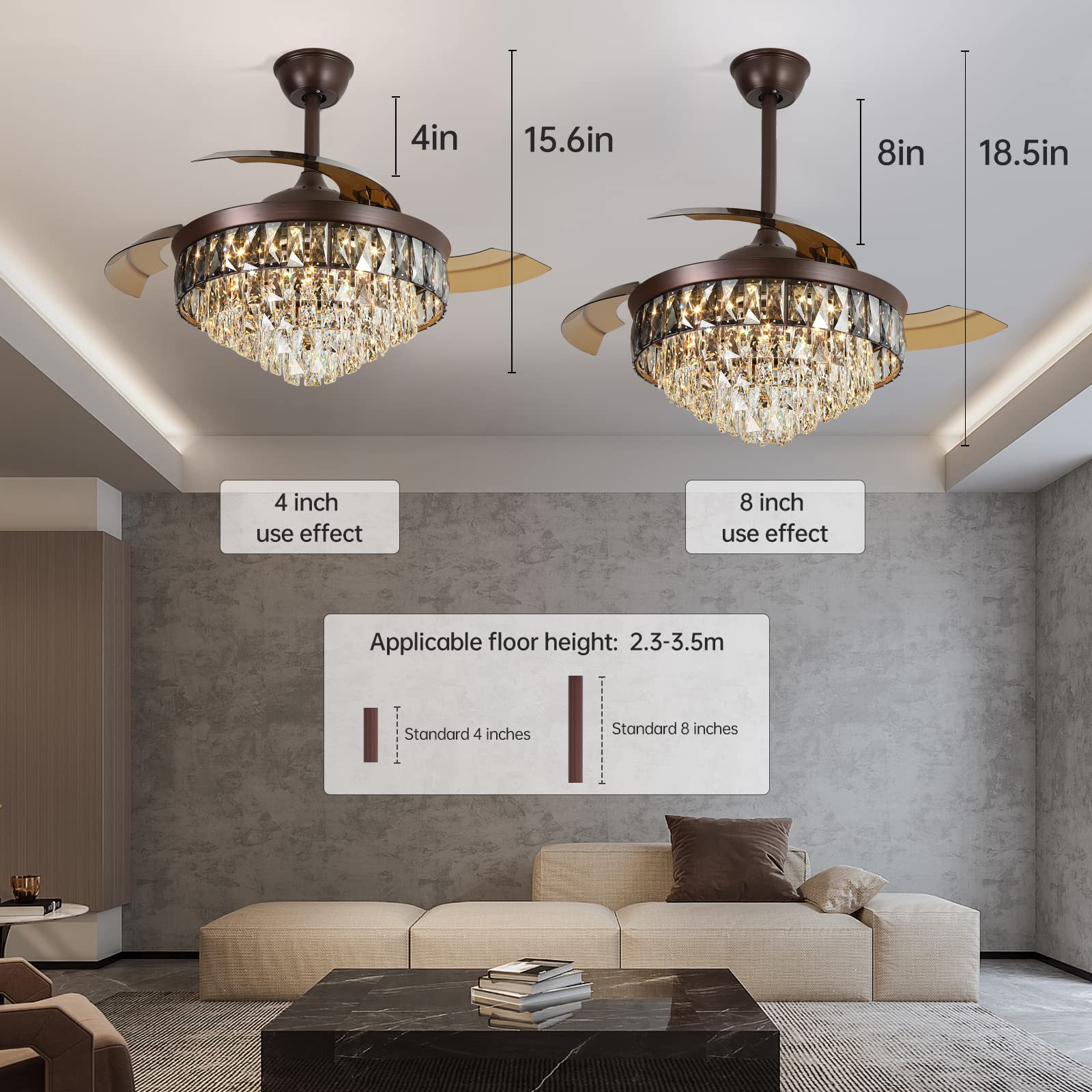 42"Chandelier Ceiling Fan Retractable Ceiling Fans With Lights And Remote Control 6 Speed 3 Changable Led Light Crystal Ceiling Fan Modern Light For Bedroom Indoor Living Room Coffee Luxury Abs Steel Q235