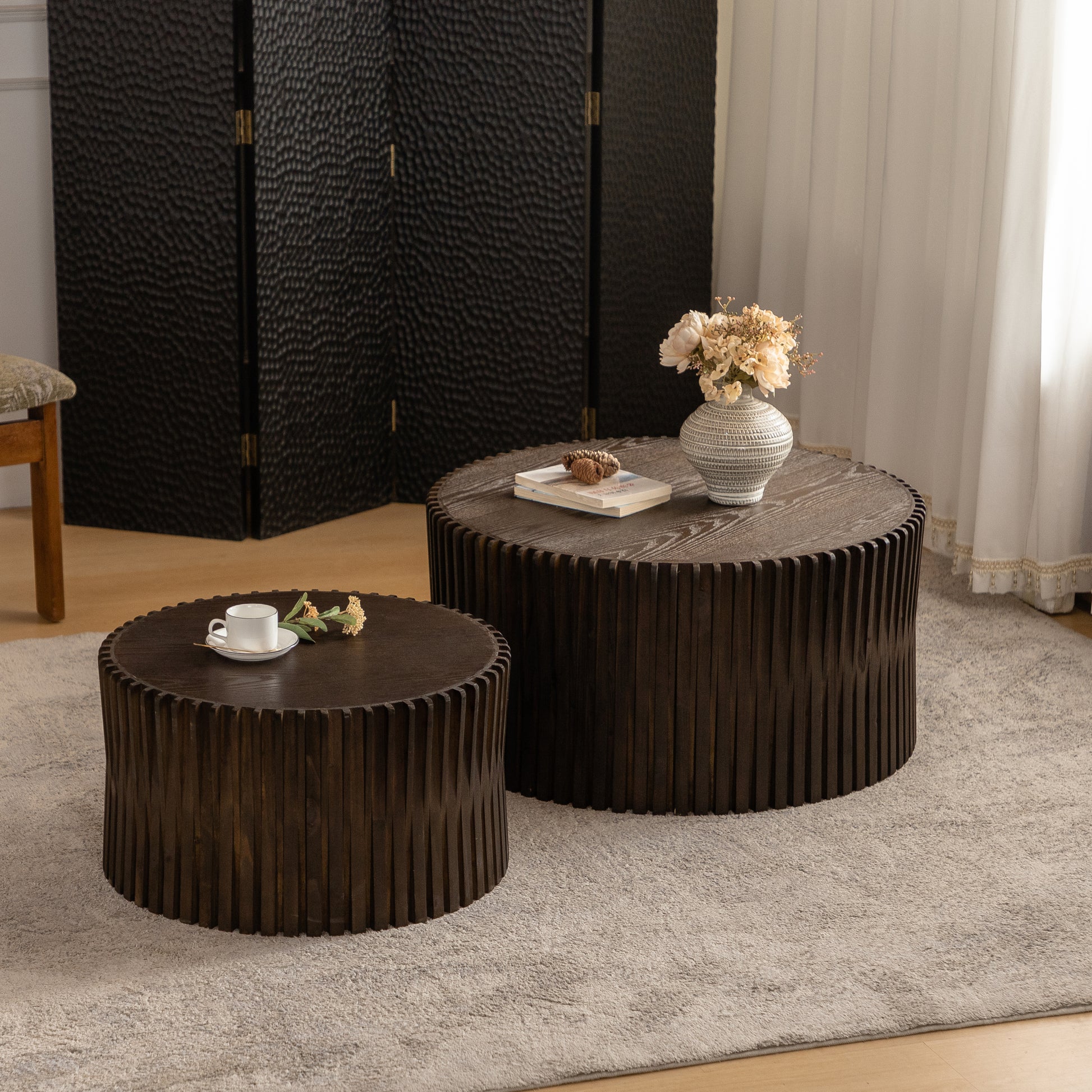 Vintage Fashion Style Cylindrical Nesting Coffee Table Set With Vertical Textured Embossed Design For Living Room, Office And Dining Room, Dark Brown Set Of 2 Dark Brown Mdf