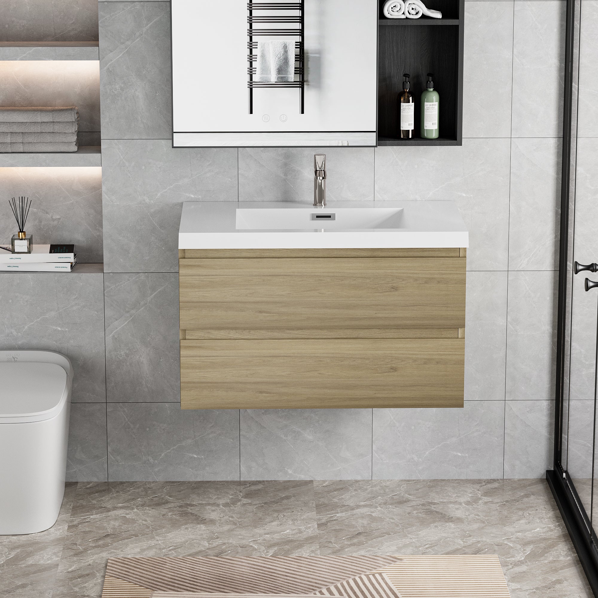 36" Floating Bathroom Vanity With Sink, Modern Wall Mounted Bathroom Storage Vanity Cabinet With Resin Top Basin And Soft Close Drawers, Natural Oak 24V11 36No 2 Oak Bathroom Wall Mounted Mdf