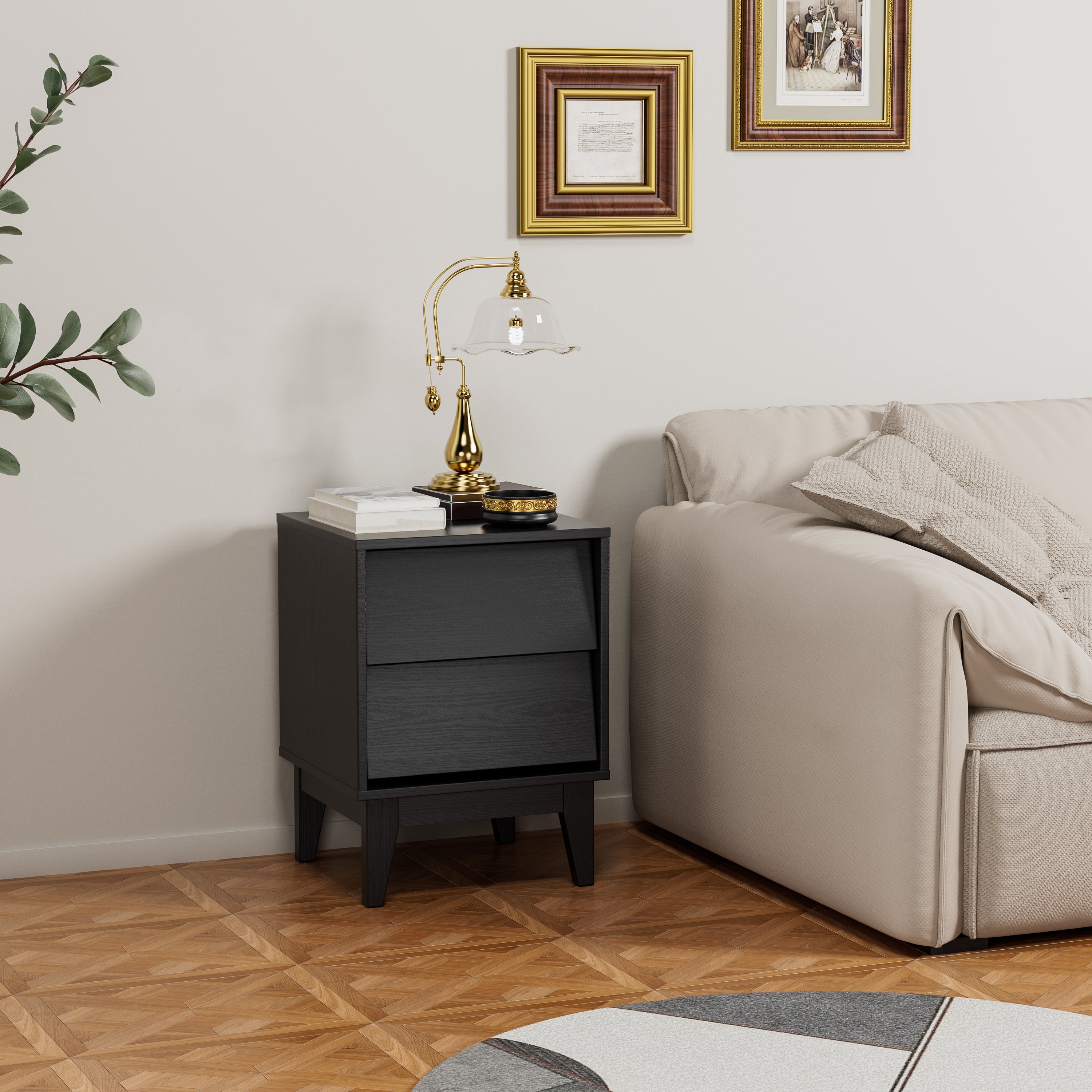 2 Set Nightstands Features Vintage Style And Bevel Design, Made Of Mdf