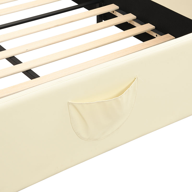 Full Size Upholstered Platform Bed With Piglet Shape Headboard And Children'S Slide, Beige Box Spring Not Required Full Beige Wood Bedroom Bed Frame Faux Leather Upholstered