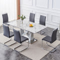 1 Table And 6 Chairs Set.Modern Grey Mdf Faux Marble Dining Table With Double V Shaped Supports.Paired With 6 Modern Pu Artificial Leather Soft Cushion With Silver Metal Legs.F Vv,C 1162 Gray Seats 6 Mdf Metal