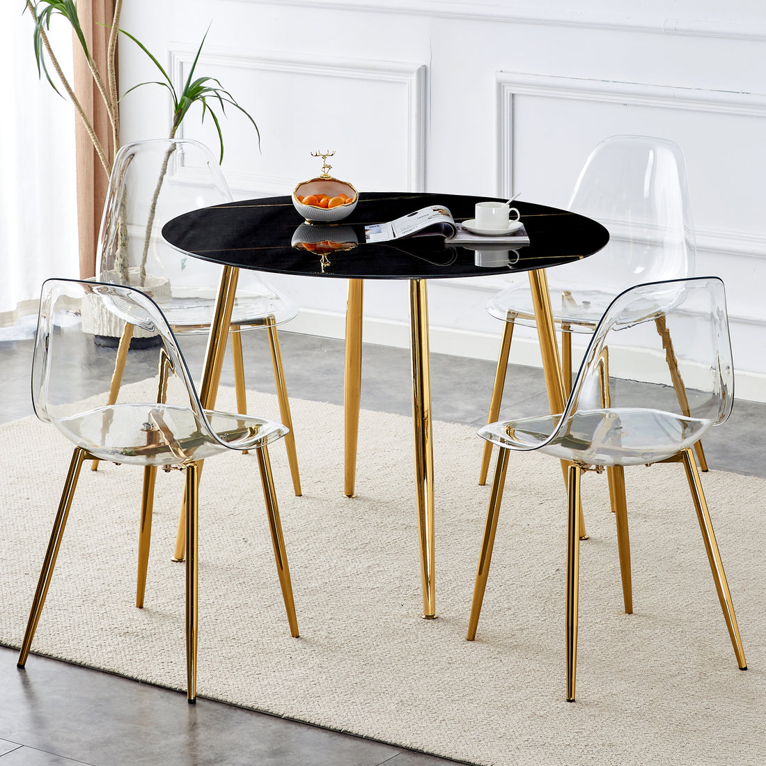 1 Table And 4 Chairs, A Modern Minimalist Circular Dining Table With A 40 Inch Black Imitation Marble Tabletop And Gold Plated Metal Legs, And 4 Modern Gold Plated Metal Leg Chairs. Black Gold Seats 4 Glass