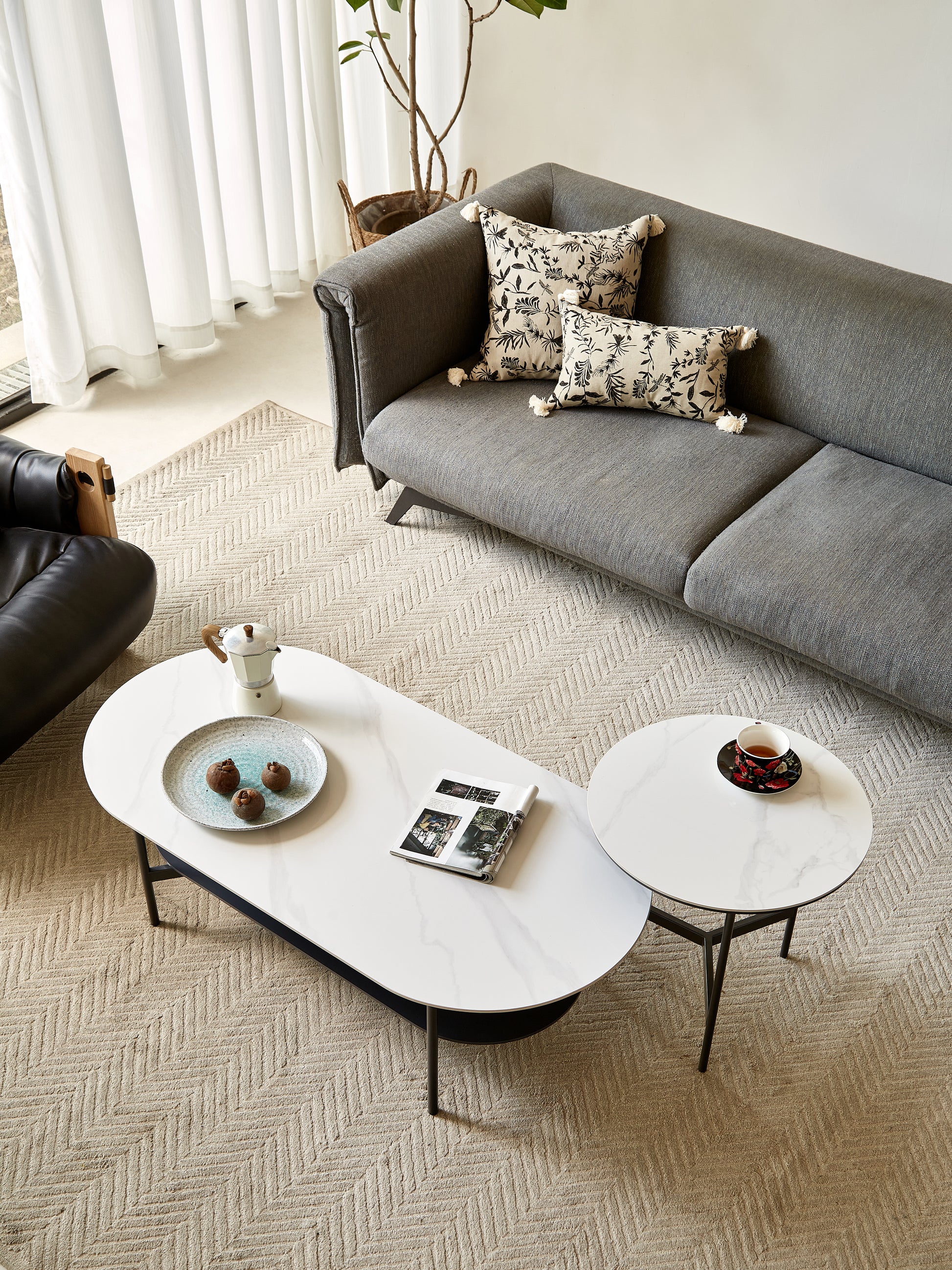 Coffee Table Ceramic Coffee Table, Mdf Painting Double Layer Coffee Table For Living Room, White Ceramic And Coffee Brown Bottom Shelf Black White Ceramic Mdf