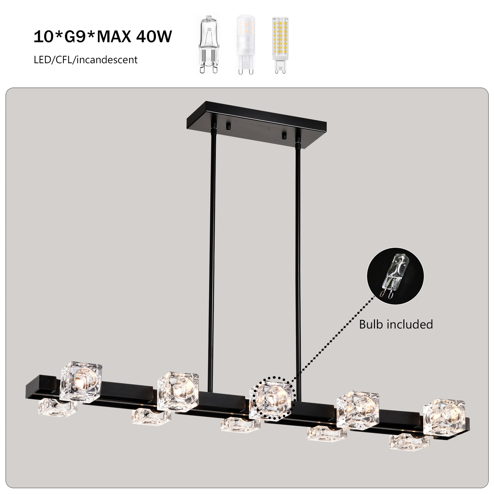 Rectangle Chandelier For Dining Room, 8 Light Black Farmhouse Linear Pendant Light Fixture, Modern Crystal Hanging Lighting Chandelier For Lobby, Kitchen, Bedroom, Living Room, Conference Room, Home