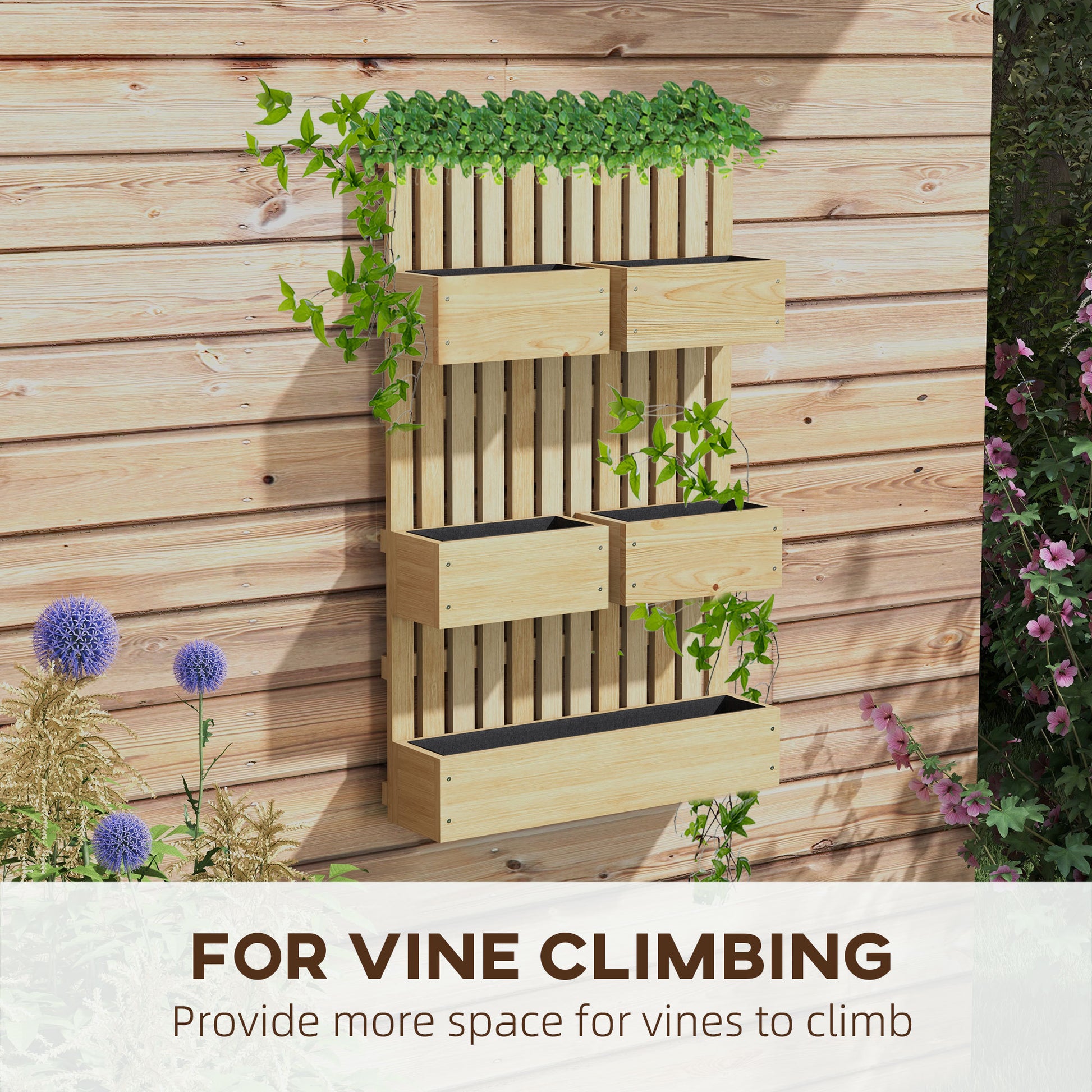 Outsunny 5 Box Raised Garden Bed With Trellis For Vine Flowers & Climbing Plants, 39" Tall Wall Mounted Wood Planter Box Set With Adjustable Height, Drainage Hole, Natural Natural Wood