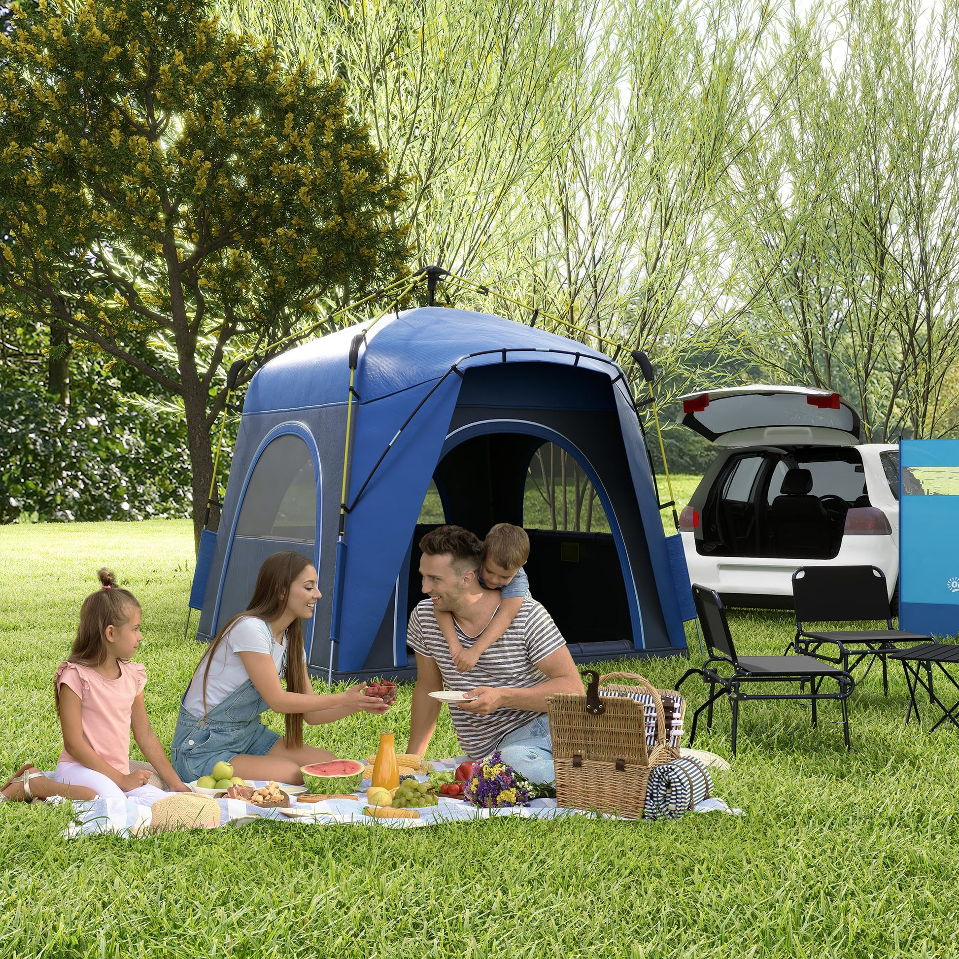 4 person pop up tent Outsunny Camping Tents 4 Person Pop Up Tent Quick Setup Automatic Hydraulic Family Travel Tent w/ Windows, Doors Carry Bag Included, Blue