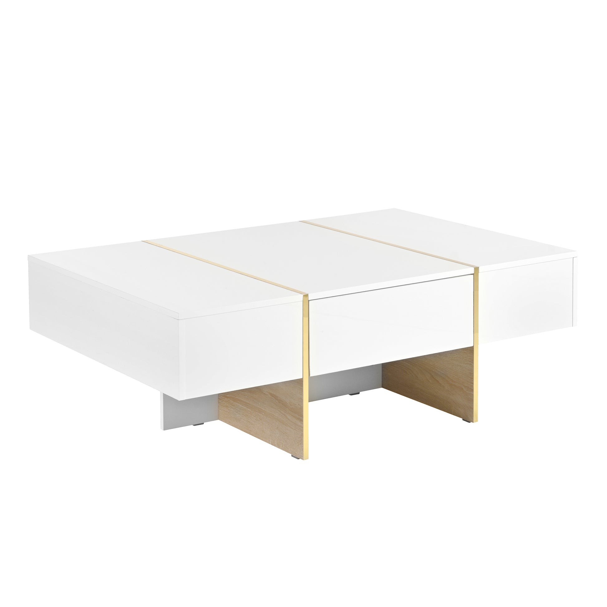 47.2'' X 31.4''Minimalist High Gloss Coffee Table With 2 Drawers, Multi Storage Rectangle Sofa Table With Golden Wood Grain Legs, Modern Center Table For Living Room, White White Particle Board Mdf