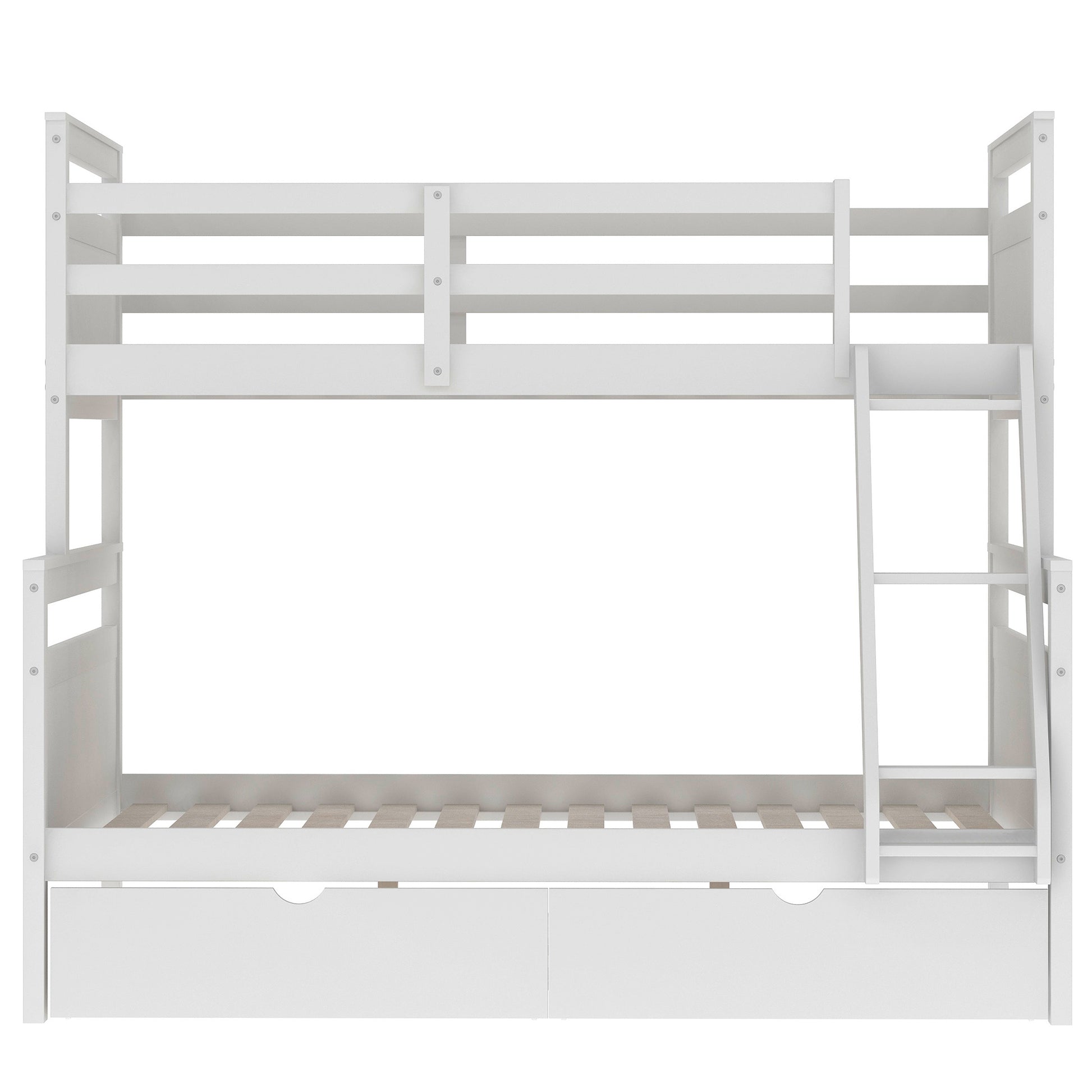 Twin Over Full Bunk Bed With Ladder, Two Storage Drawers, Safety Guardrail, White Twin Box Spring Not Required White Bedroom Bunk Pine