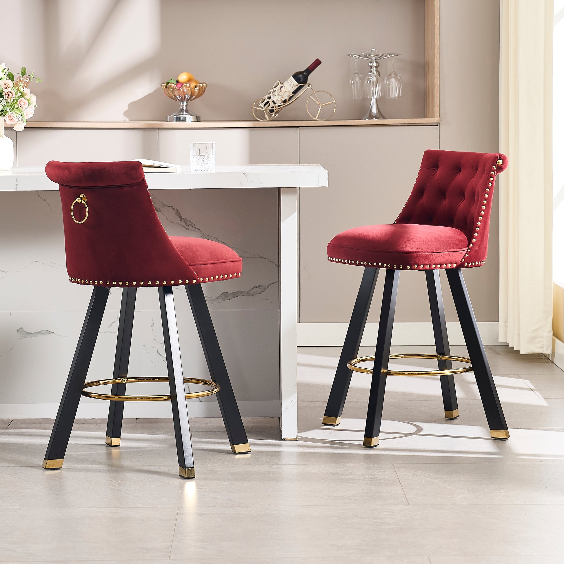 Coolmore Set Of 2,Back Pull Point Design, Velvet Material, 360 Degree Rotation, Back Pull Loop Detachable Design, Rivet Decoration, Square Foot Wooden Bar Chair Red Velvet