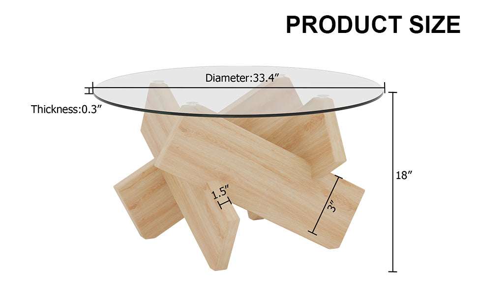 Circular Glass Coffee Table, 33.4 Inch Modern And Distinctive Design Tea Table. Tempered Glass Countertop, Wood Colored Mdf Table Legs. Suitable For Living Rooms And Farmhouses Transparent Glass