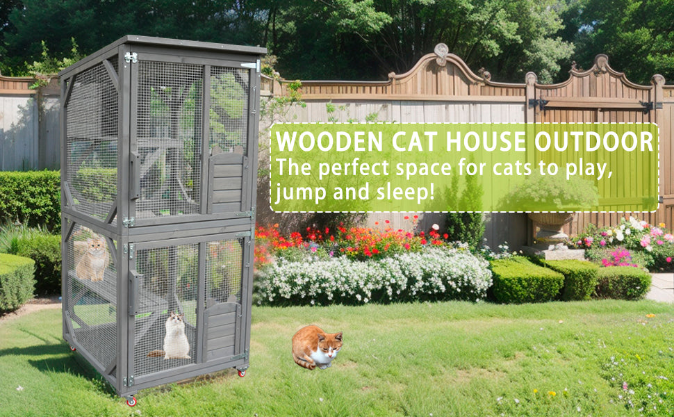 Catio Large Wooden Cat House Outdoor Indoor Cat Enclosures On Wheels, Wooden Kitty House Shelter Outside With Resting Box, Waterproof Roof Grey, 31.5" D X 36.6" W X 71" H Grey Solid Wood