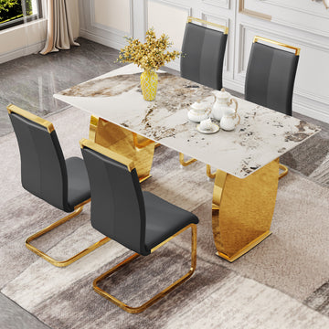 Table And Chair Set, Rock Plate Table Top, Gold Metal Table Legs, Stable And Beautiful, Suitable For Most Home Styles. Modern Simple Dining Table, Comfortable Seating. Grey Gold Seats 4 Sintered Stone