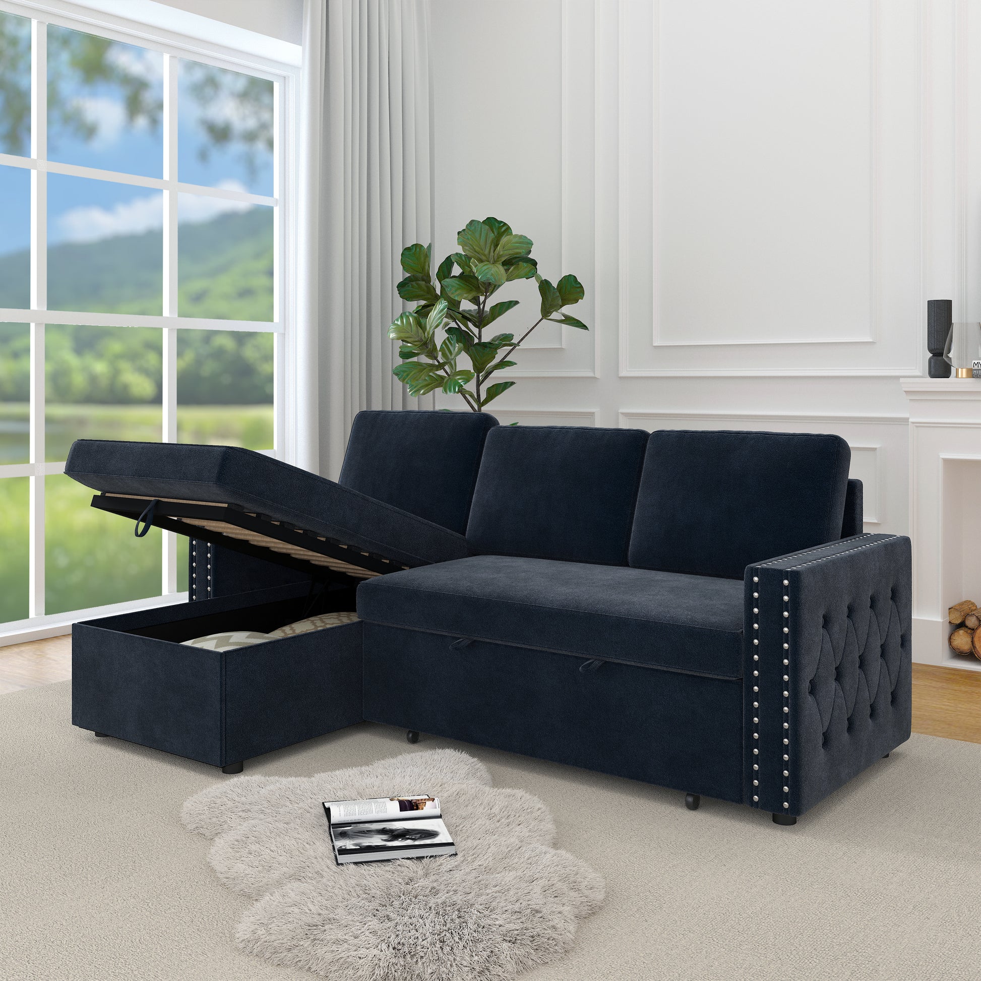 85 Inches Sofa Bed, 3 Seater Sleeper Sofa With Storage Chaise, Square Handrail With Pull And Copper Nail,Chenille, Pull Out Couch For Living Room Blue Chenille 3 Seat