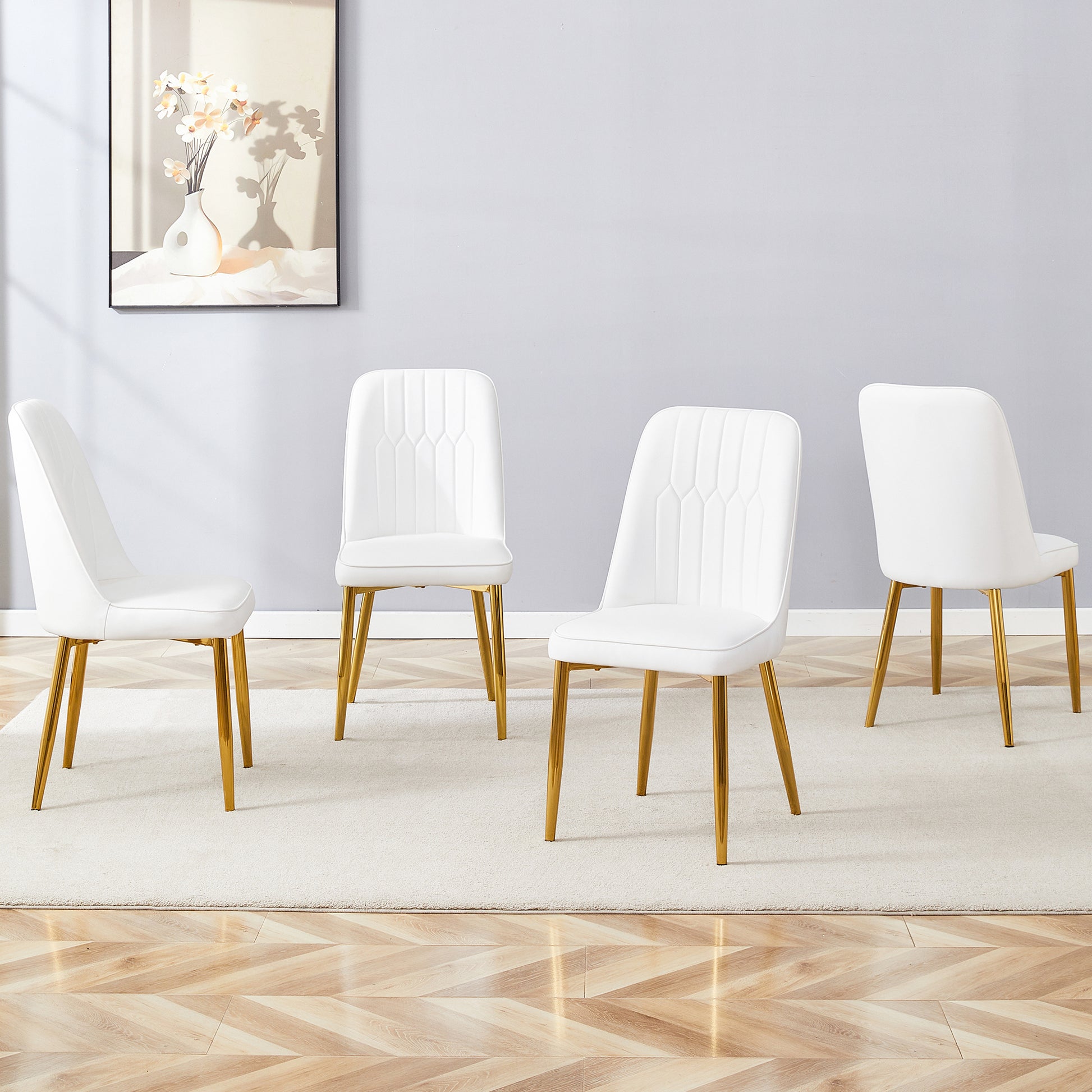 4 Modern Dining Chairs, Sleek Pu Leather Backrest, And Gold Metal Legs Bring A Comfortable Home Experience To The Kitchen, Bedroom, And Office. White Pu