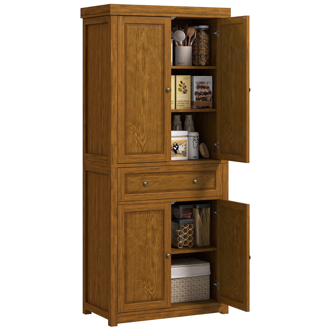 Homcom 72.5" Tall Farmhouse Kitchen Pantry Storage Cabinet, Freestanding Kitchen Cabinet With 4 Doors, Drawer And Adjustable Shelves For Dining Room, Distressed Brown Brown Mdf