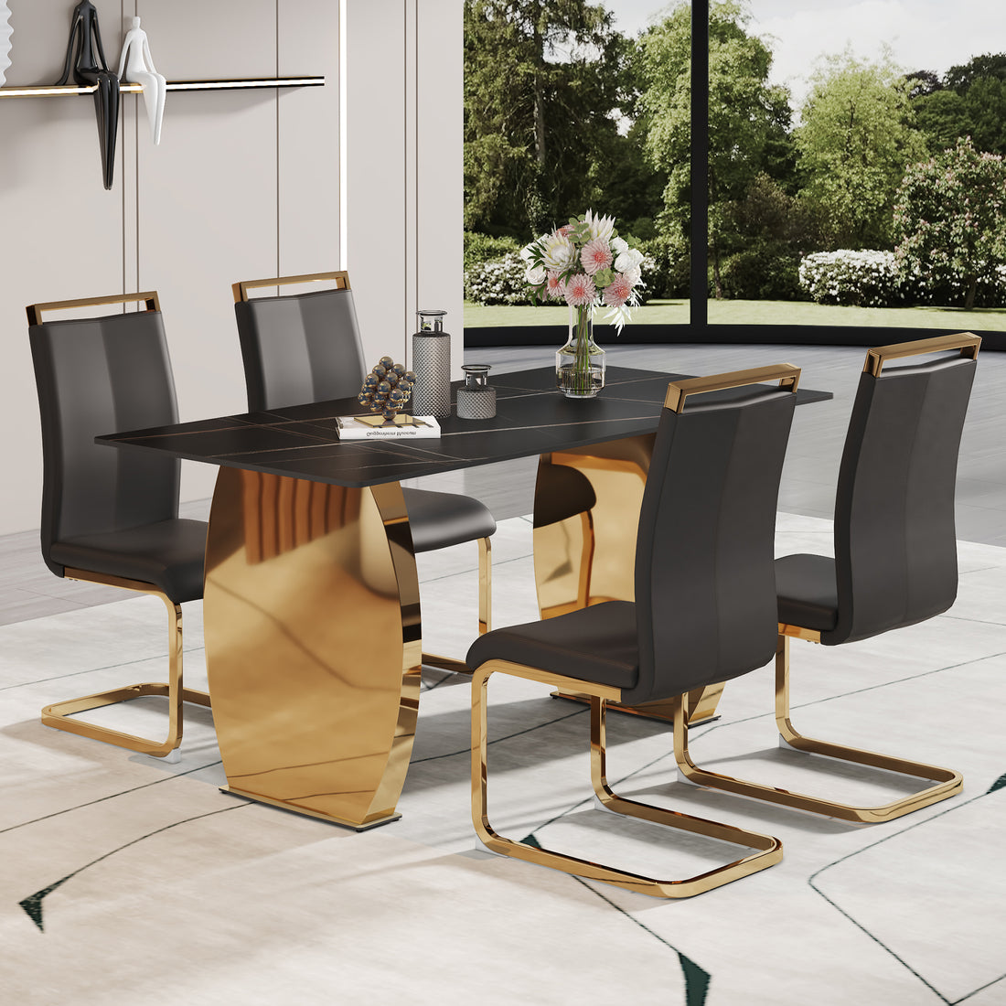 Table And Chair Set,Modern Rectangular Table With 0.4 Inch Black Patterned Tabletop And Gold Legs, Suitable For Kitchen, Dining Room, And Living Roomcomfortable Pu Seats,Perfect For Dinner, Meet Black Seats 4 Sintered Stone