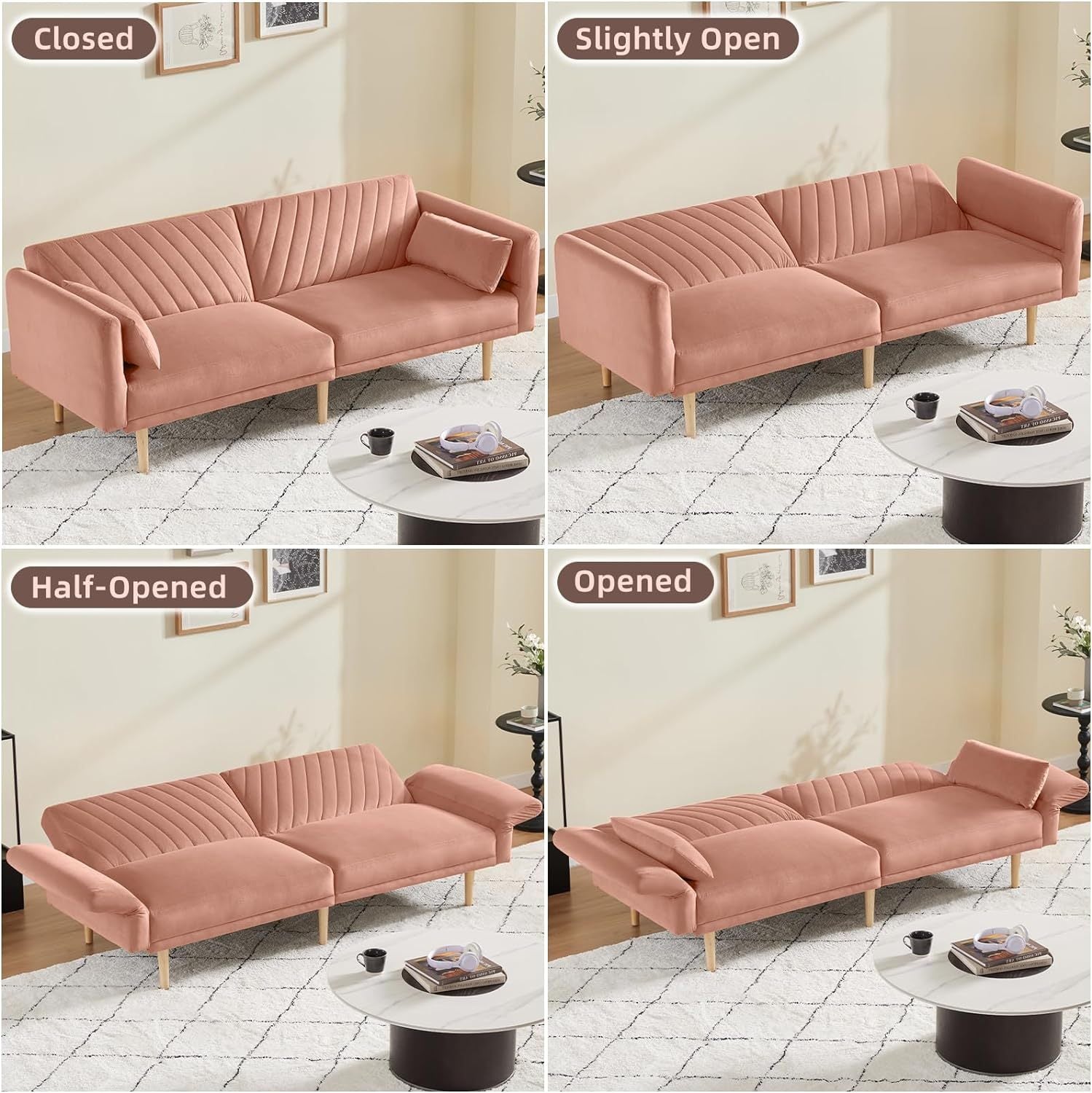 78'' Velvet Futon Sofa Bed, Convertible Sleeper Couch Bed With Adjustable Armrests And Backrest, Loveseat Sleeper Bed With 2 Pillows, Modern Futon Couch For Living Room, Pink Brown Wood Bedroom Heavy Duty Oak 2 Seat Light Pink Velvet Soft Cushion Back