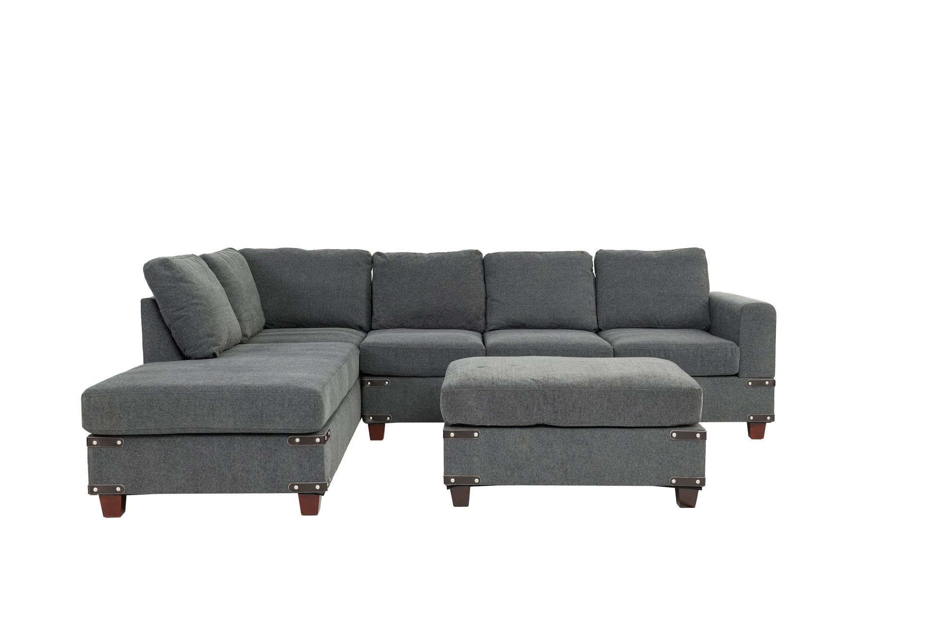 Living Room Furniture Charcoal Chenille Sectional W Ottoman Linen Like Fabric Sofa Reversible L R Chaise Ottoman 3Pc Sectional Sofa Charcoal Chenille Wood Primary Living Space Cushion Back