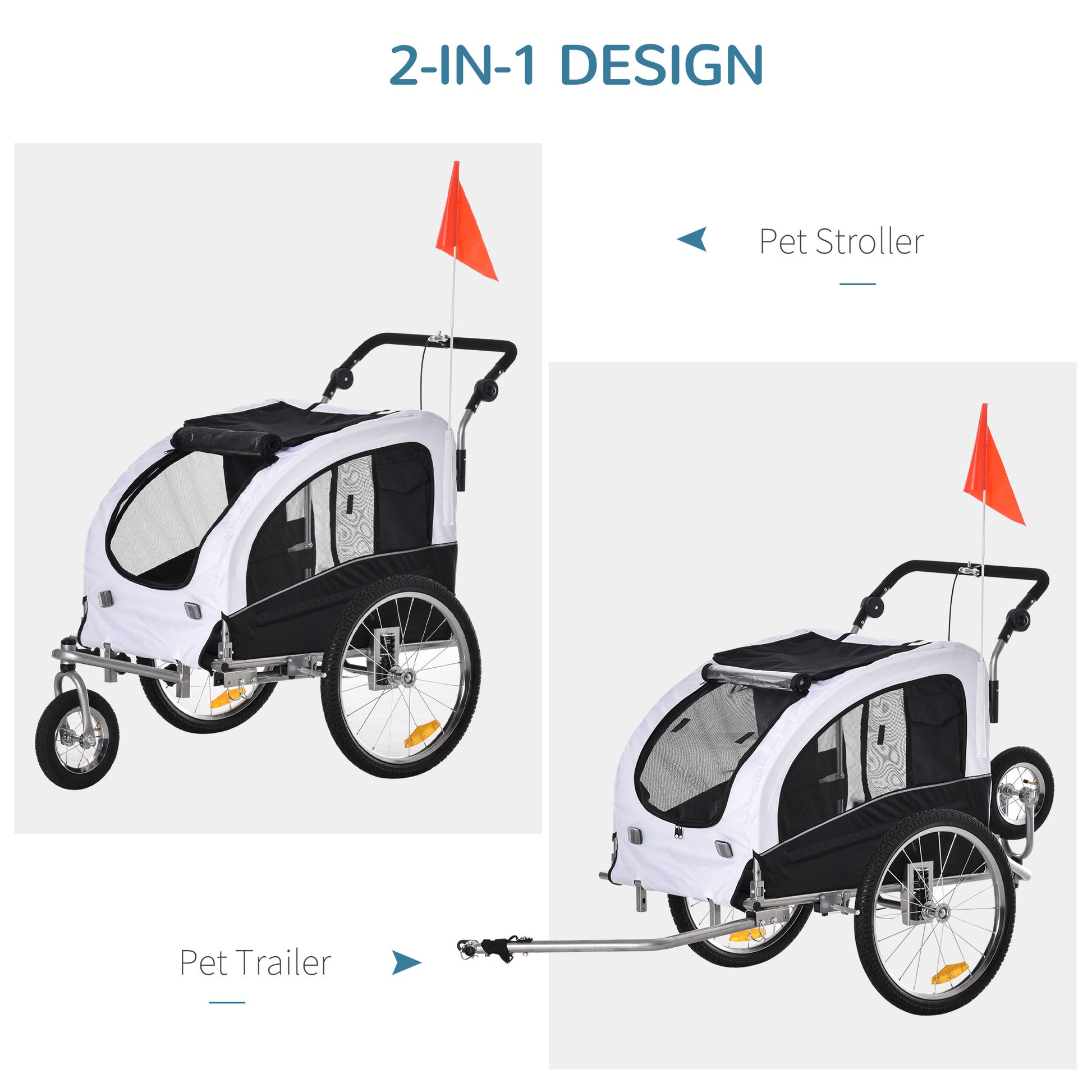 Aosom Dog Bike Trailer 2 In 1 Pet Stroller With Canopy And Storage Pockets, White White Steel