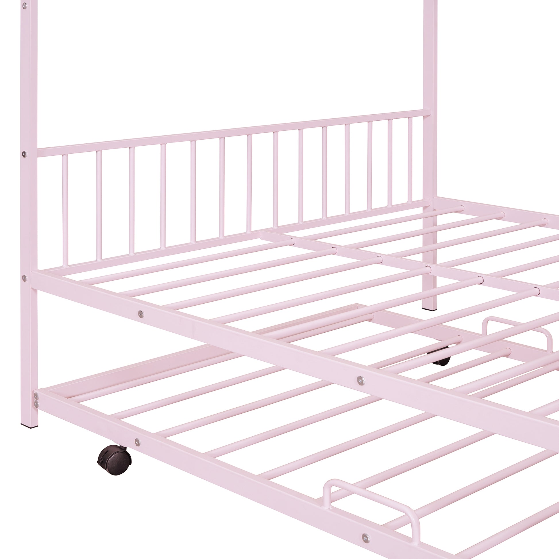 Full Size Metal House Bed With Twin Size Trundle, Pink Full Pink Metal