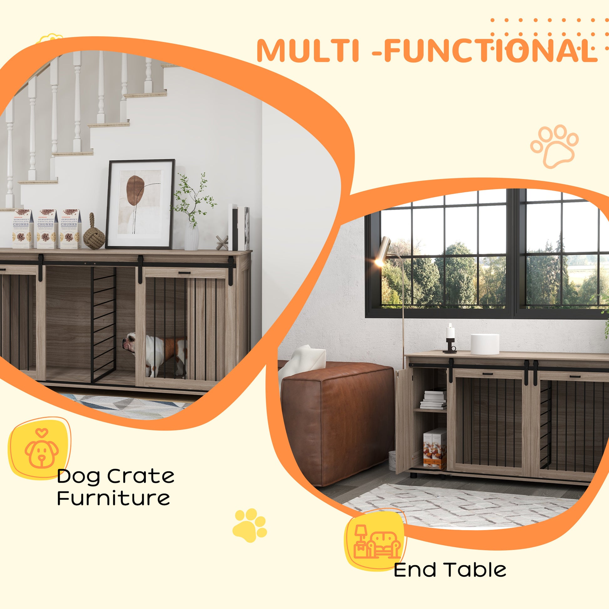 Pawhut Dog Crate Furniture With Removable Divider For 2 Small Dogs Or 1 Large Dog, 71" Modern Dog Kennel Furniture End Table With Storage, Double Doors, Walnut Brown Particle Board