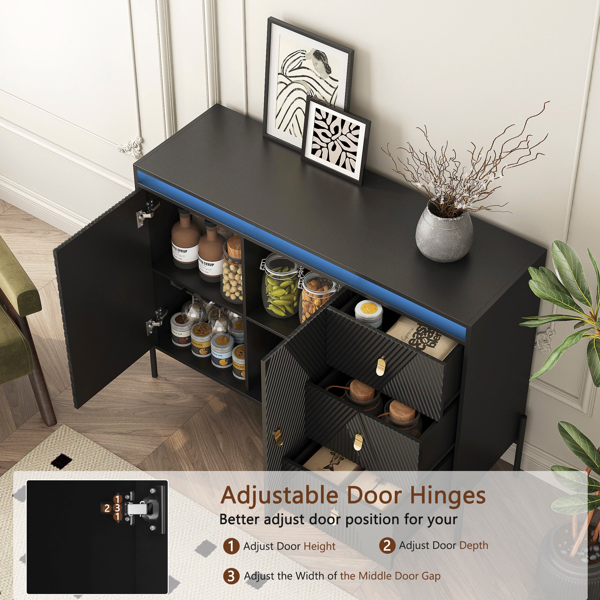 Buffets & Sideboards, Fluted Sideboard Cabinet, 2 Door 3 Drawer Design, With Led Lights,Acceent Black Sideboard Elegant Cabinet Ideal For Dining Room And Kitchen Storage,Black Black Mdf