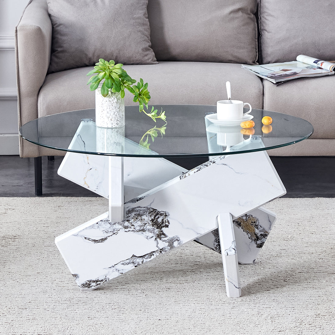 Round Glass Coffee Table, 33.4 "Modern Design Unique Coffee Table. Tempered Glass Countertop With White Patterned Mdf Legs. Suitable For Living And Dining Rooms White Mdf Glass