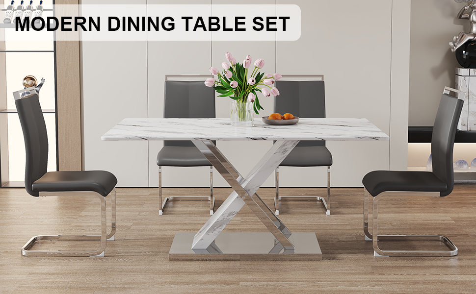 Table And Chair Set, Modern Dining Table, Imitation Marble White Top And Silver Legs, Soft And Comfortable Dining Chair, Perfect For Dinner, Meetings, Home And Office Decor Grey Silver Glass Metal