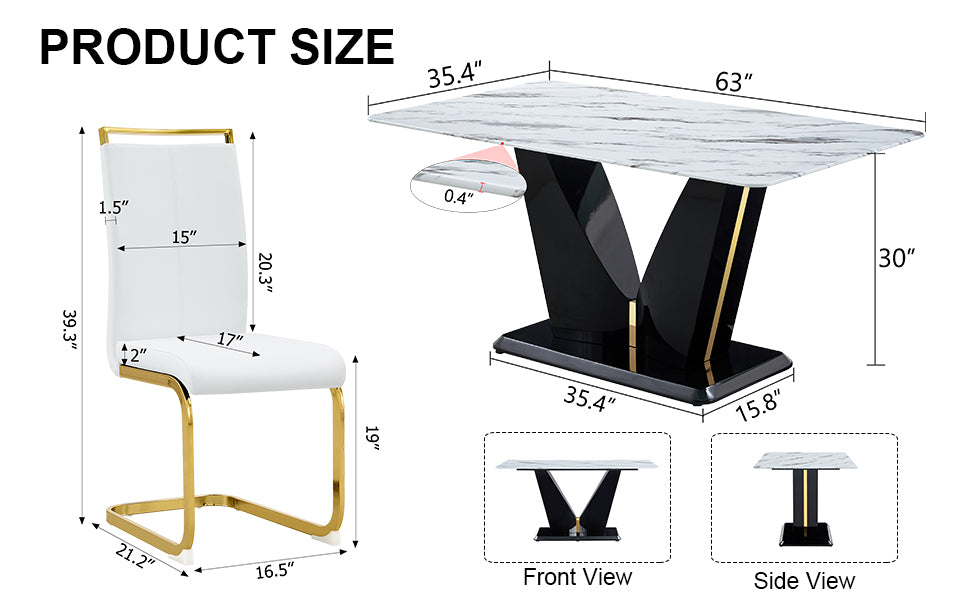 Table And Chair Set, White Imitation Marble Texture Glass Tabletop, Black Mdf Table Legs, Stable And Beautiful. Modern Simple Dining Table, Comfortable Seating. White Black Seats 4 Mdf Glass