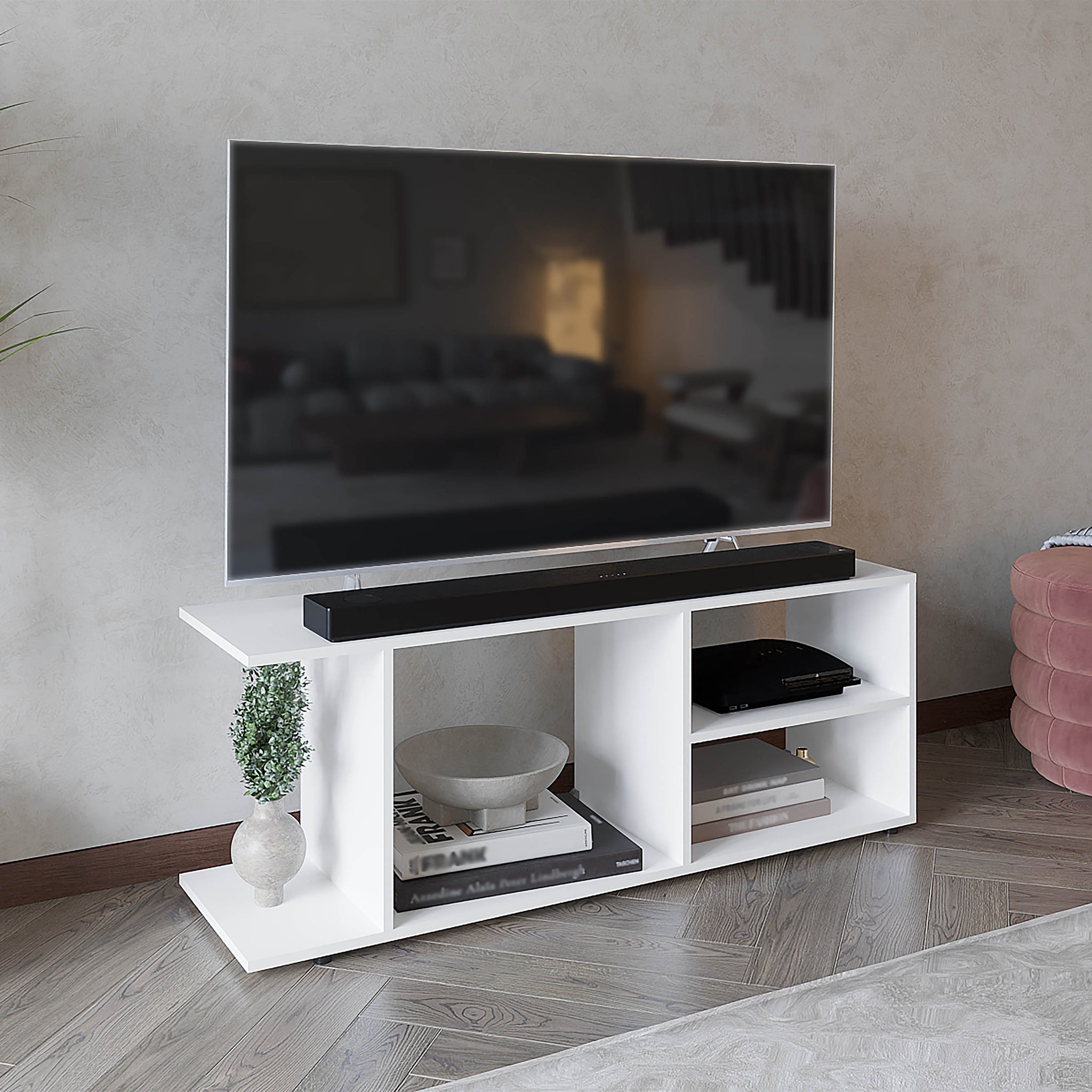 Goodwood Minimalistic Tv Stand For 65 Inch Tv With 5 Open Shelves White Primary Living Space 60 69 Inches 60 69 Inches Modern 65 Inches Particle Board