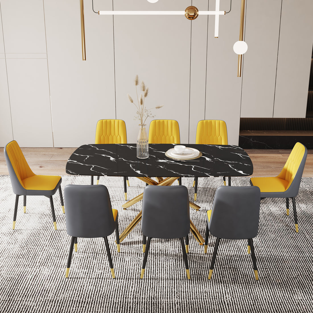 Large Modern Minimalist Rectangular Dining Table With 0.39 "Imitation Marble Black Tabletop And Golden Metal Legs, Paired With Chairs With Pu Cushions And Black Metal Legs. F 1537 C 007 Black Gold Glass Metal