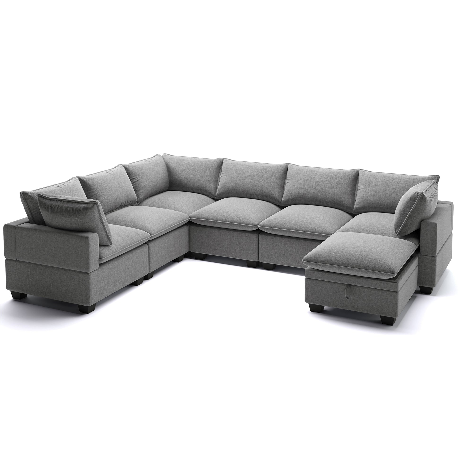 120*93" Modern U Shape Modular Sofa With Storage Ottoman,Luxury 7 Seat Sectional Couch Set With 2 Pillows Included,Freely Combinable Indoor Funiture For Living Room, Apartment Gray Polyester 7 Seat