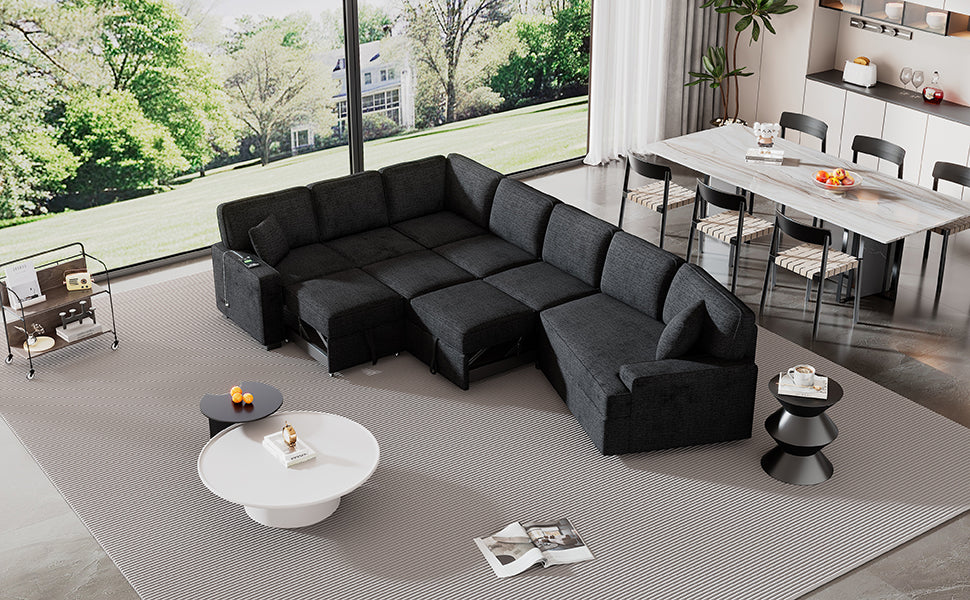 126" L Shaped Sofa Sectional Sofa Couch Pull Out Sofa Bed With Charging Devices And Cup Holders For Living Room, Blue Black Black Blue Foam Chenille 6 Seat