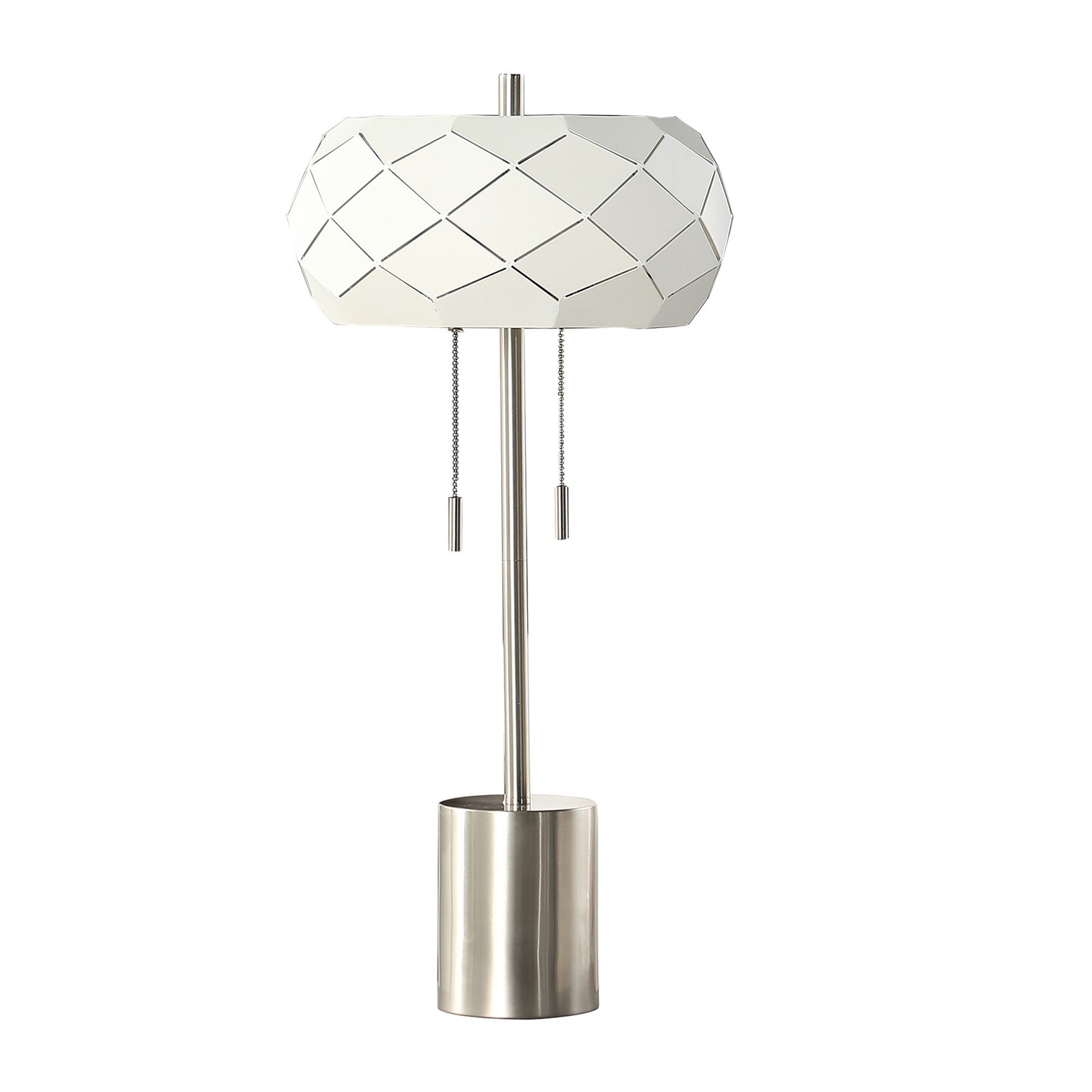 28 Inch Accent Table Lamp, Geometric Drum Shade, Metal Base, White, Silver Silver White Metal