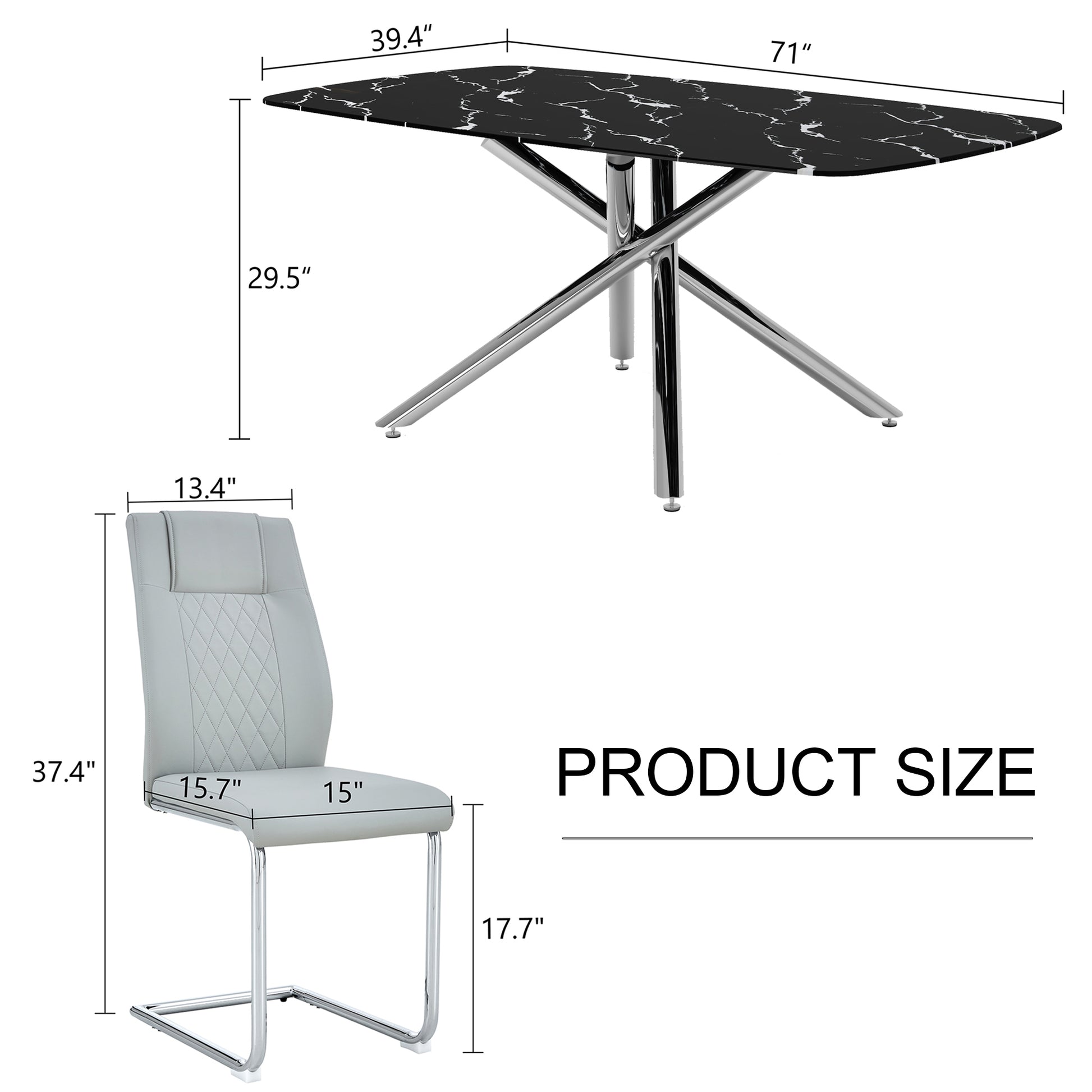 Table And Chair Set, Large Modern Minimalist Rectangular Dining Table, 0.39 "Imitation Marble Tabletop And Silver Metal Legs, Soft Leather Seats. F 1537 Silver Glass Metal