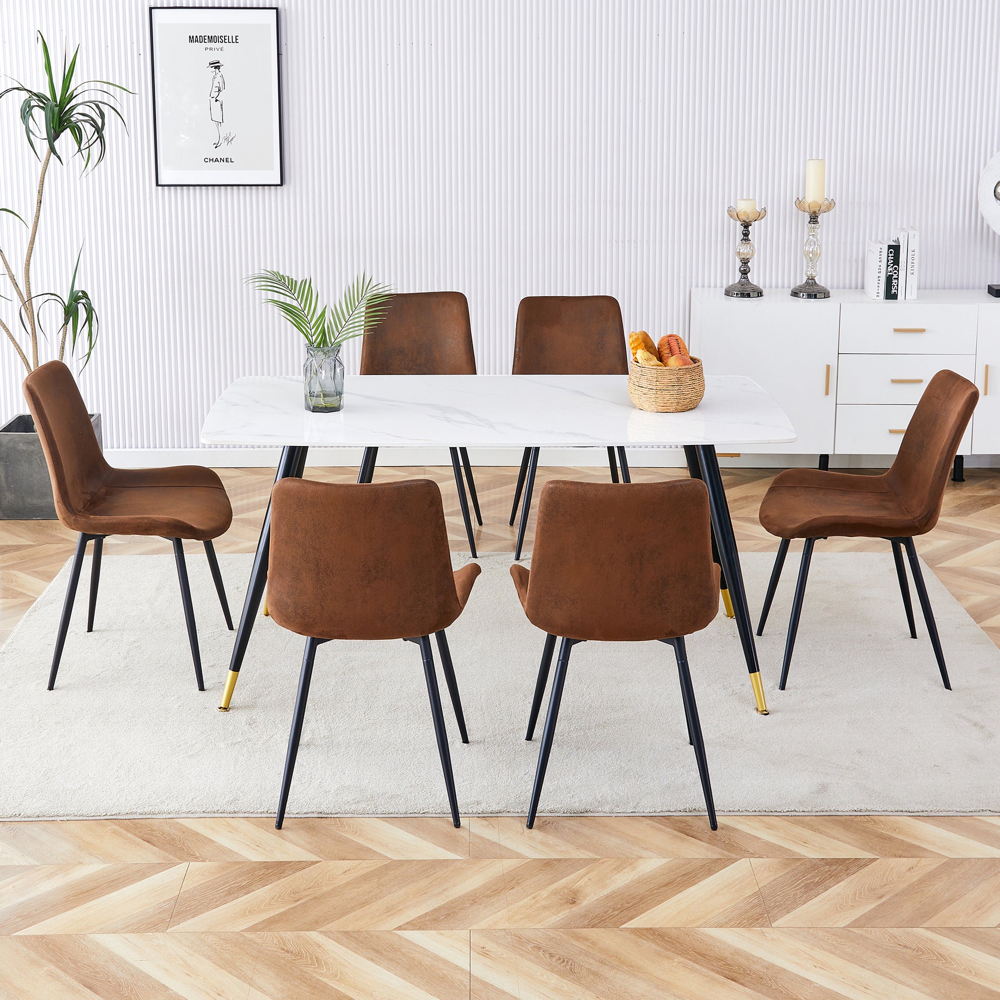 Modern Minimalist Dining Table. White Imitation Marble Pattern Sintered Stone Desktop With Black Metal Legs.62.2"*34.6"*30" F 001 Black Gold Sintered Stone