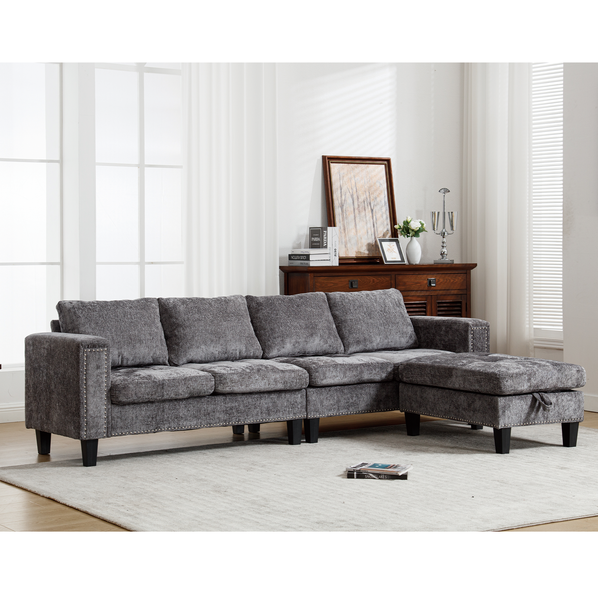 Arrived 5 Seat Modular Sofa,With Storage Ottoman, Convertible Sectional Sofa, L Shaped Couchreversible Chaise ,Riveted Sofa,Chenille, Gray Gray Polyester Wood Primary Living Space Medium Soft Cushion Back Modern Square Arms Foam Metal & Wood 5 Seat