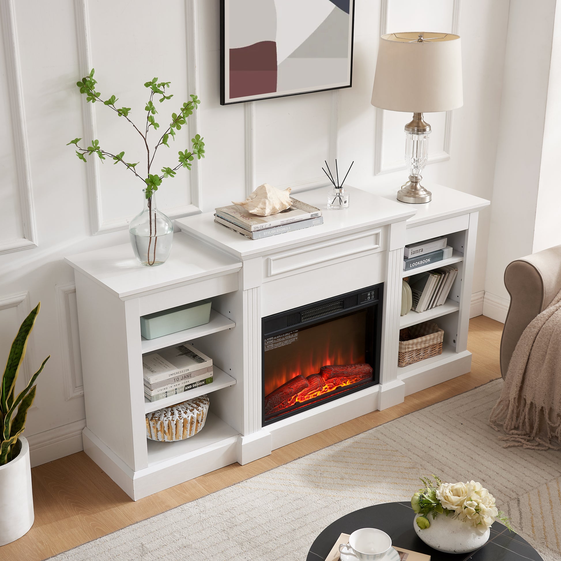 Media Console Table With Large Storage Cabinet, With 23" Fireplace Insert, For Tv Up To 70'', Modern Tv Media Entertaionment Stand, White, 65.75"W*17"D*32.48"H White 39 Inches Or Less Mdf