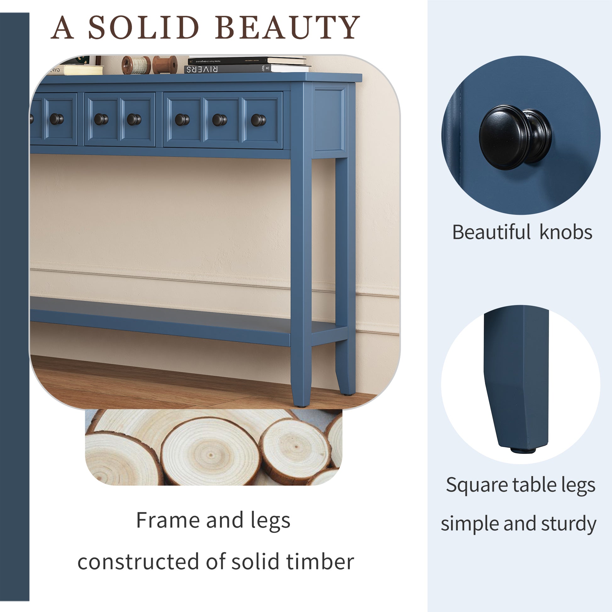 Rustic Entryway Console Table, 60" Long Sofa Table With Two Different Size Drawers And Bottom Shelf For Storage Antique Navy Antique Navy Solid Wood